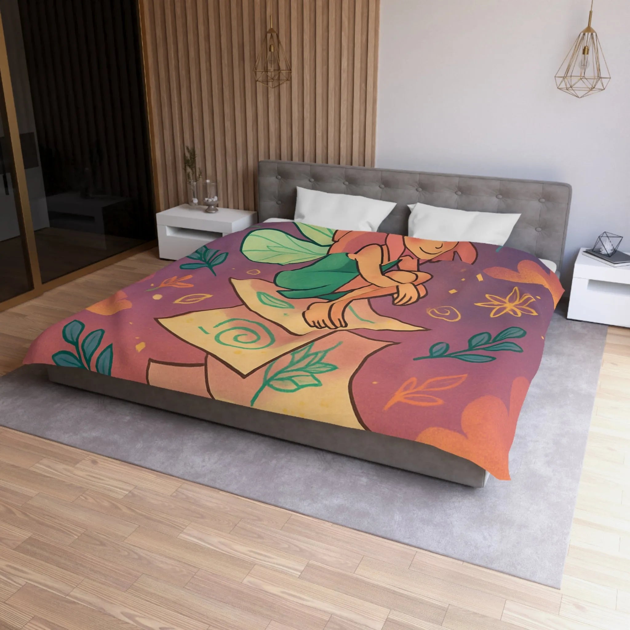 Housse de couette féerique avec fée aux ailes vertes et motifs floraux enchanteurs