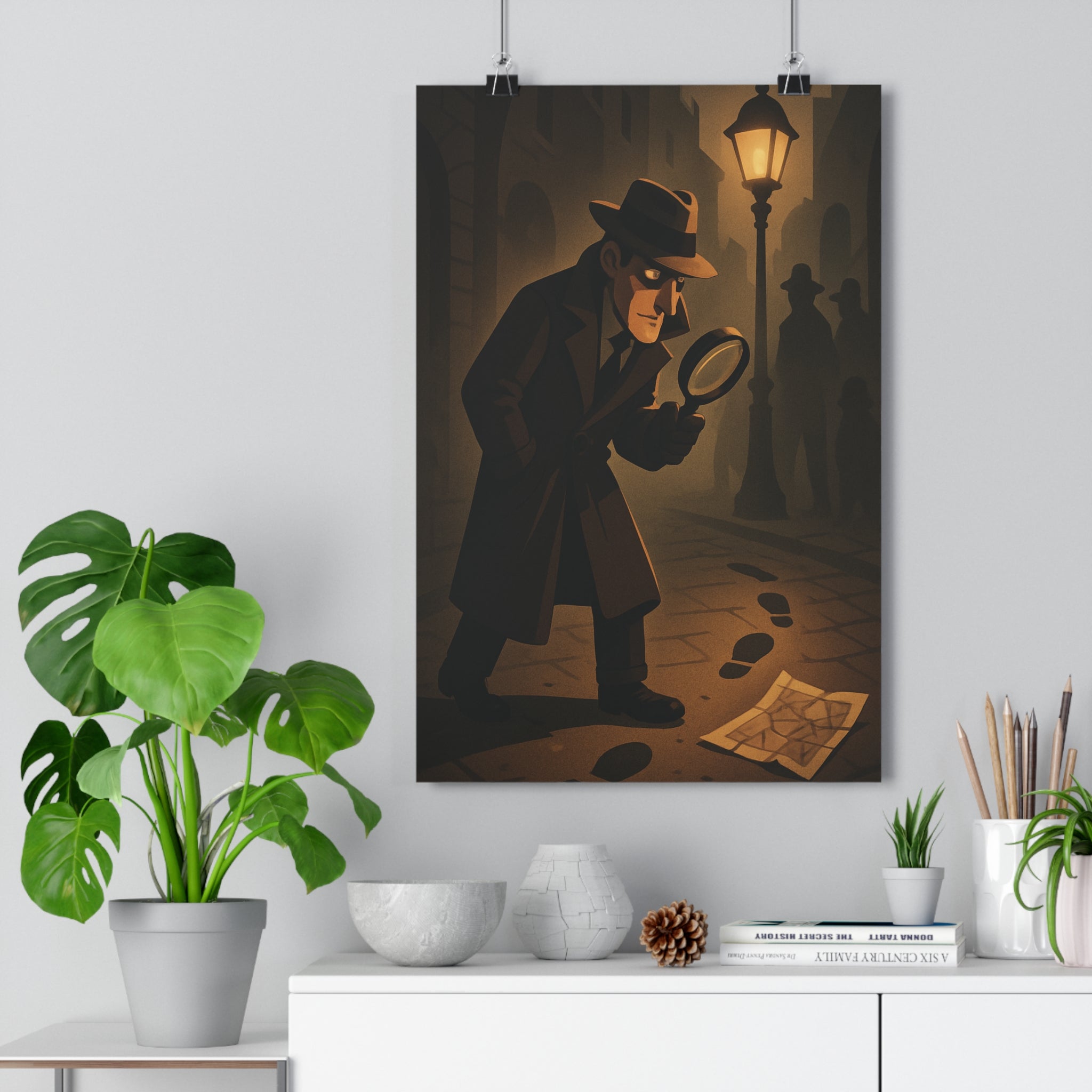 Poster décoratif mystérieux détective sombre sépia vintage ambiance intrigante bureau salon 30x46 cm qualité