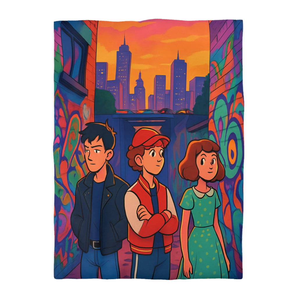 Exploration Urbaine Colorée Révélant Une Scène Enchantée de Graffiti avec Trois Adolescents