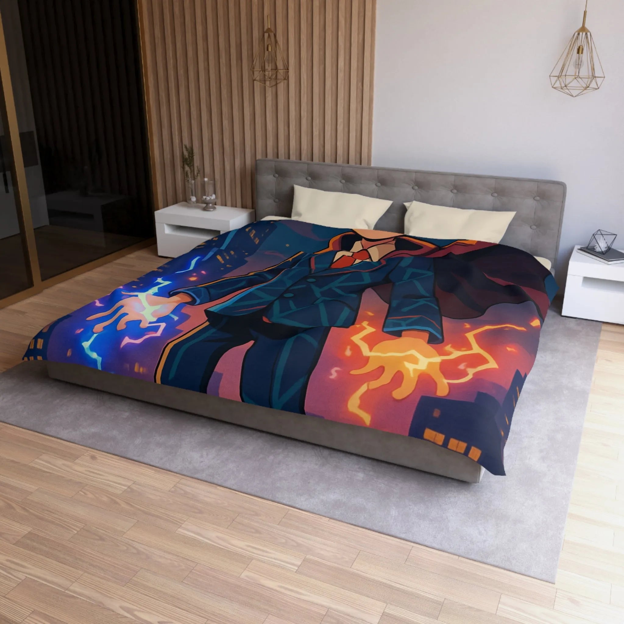 Housse de couette avec jeune magicien urbain; électricité magique, ambiance ville nocturne