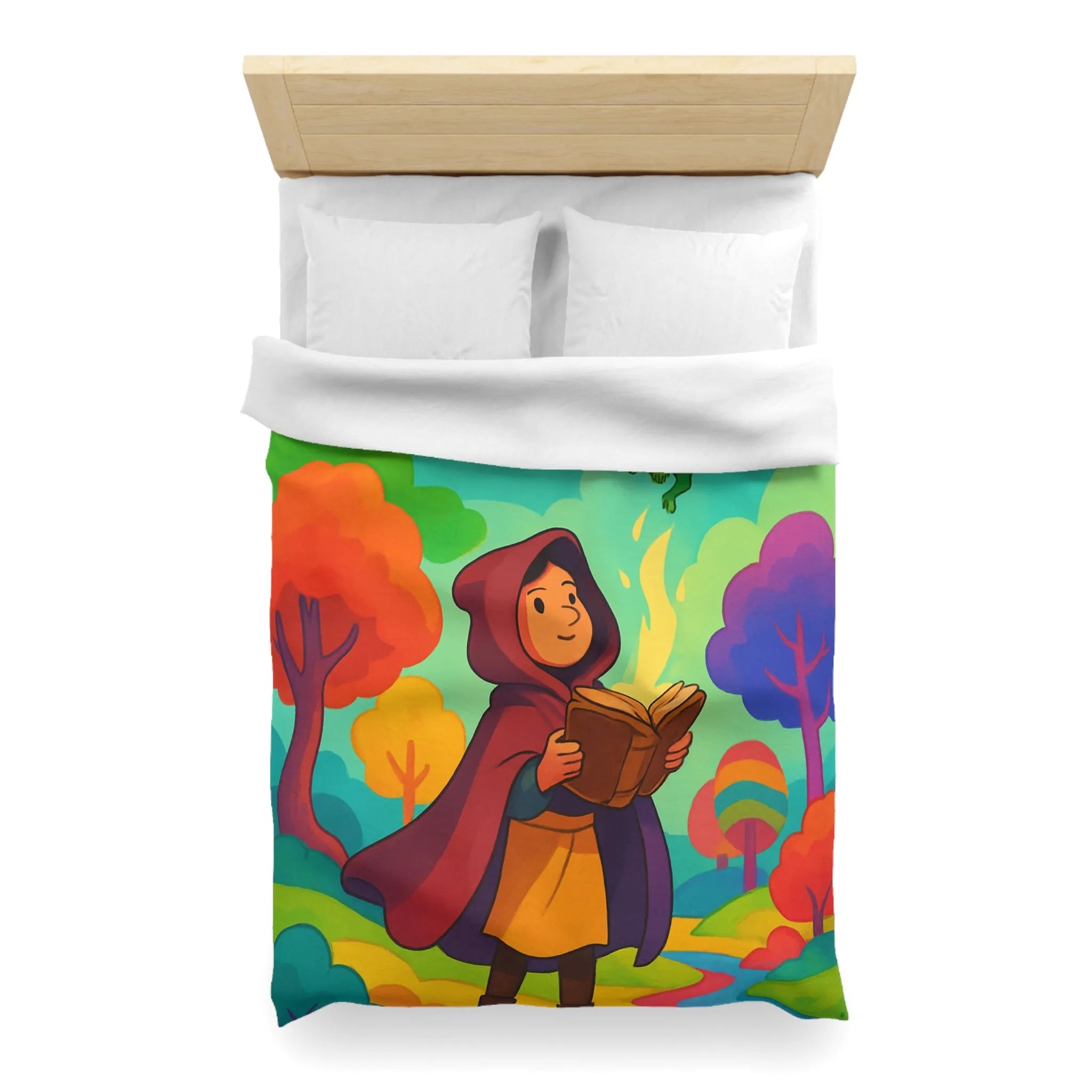 Housse de couette colorée avec scène magique de livre et créatures fantastiques