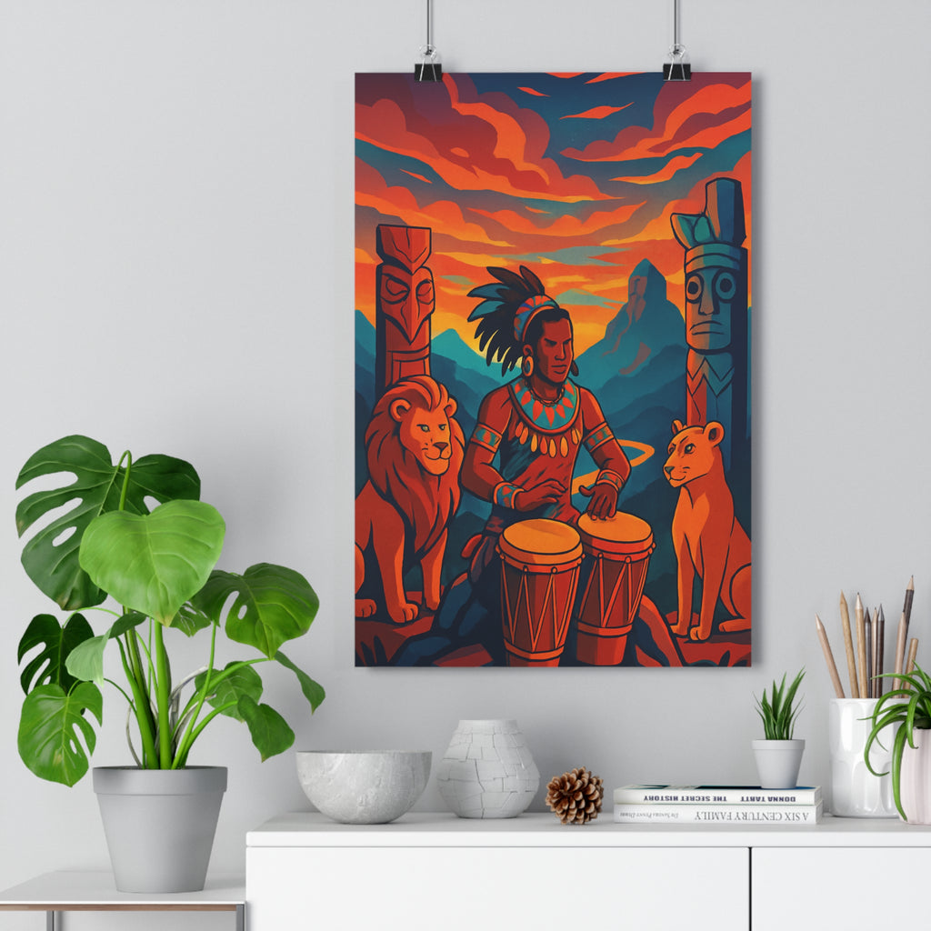 Poster décoratif dessin animé rouge orange aventure tribale salon chambre vibrant totems animaux ambiance