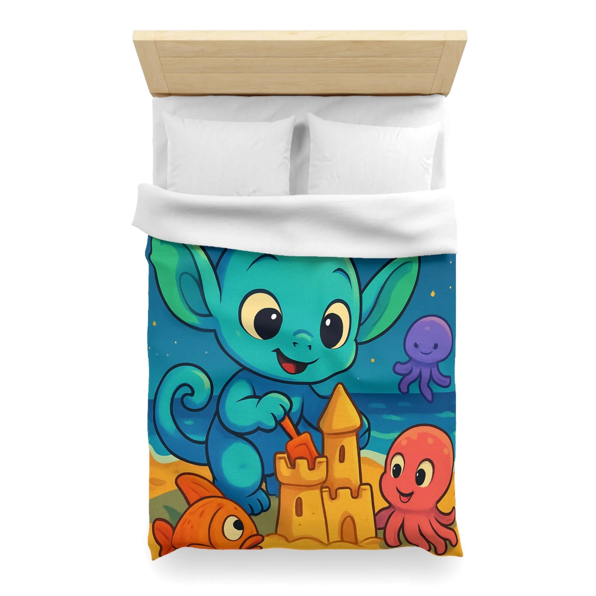 Housse de couette enfant avec créature bleue construisant un château de sable amusant
