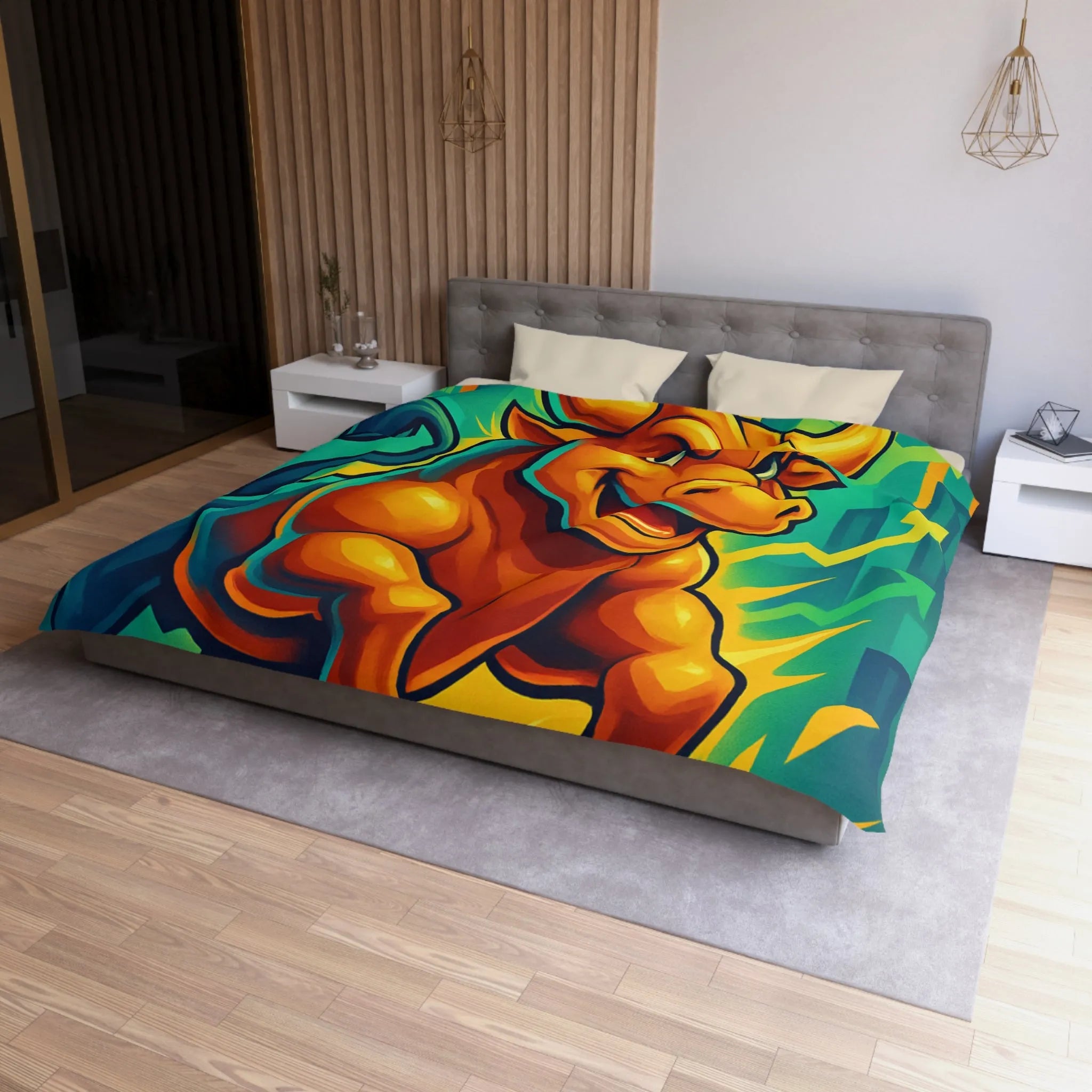 Housse de couette dynamique avec illustration de taureau énergique et motifs de croissance économique