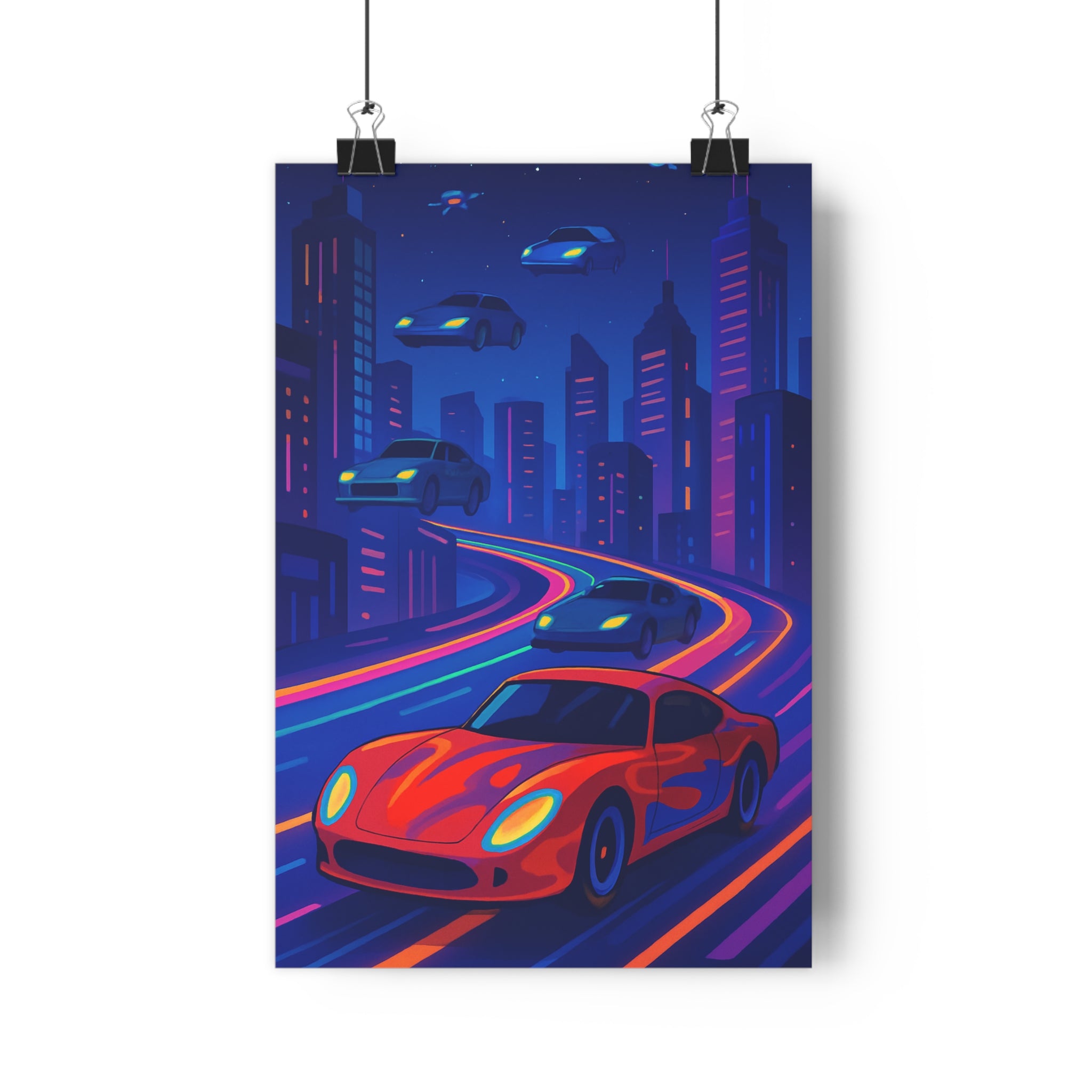 Poster décoratif futuriste néon bleu violet rouge urbain dynamique moderne salon chambre bureau intérieur