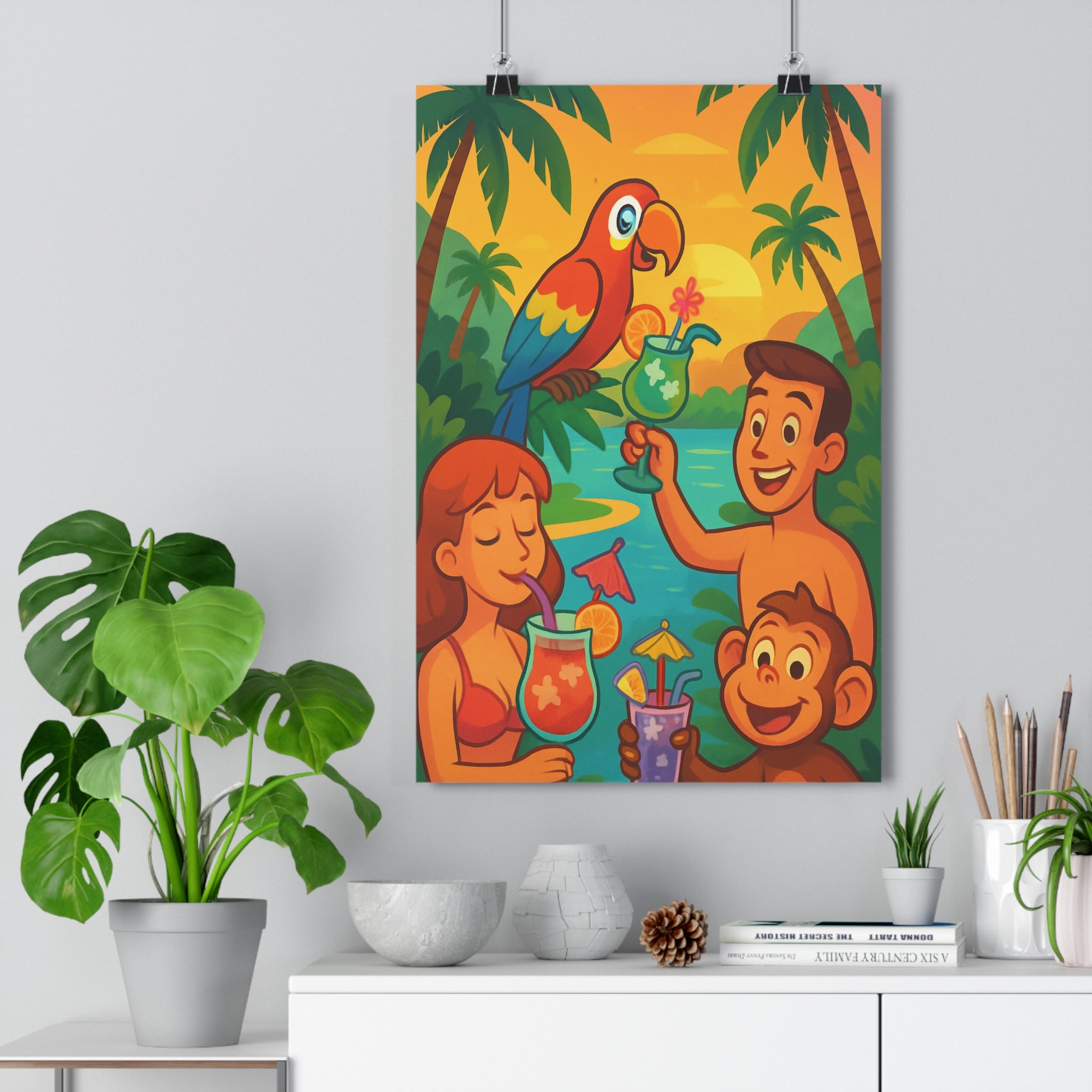 Poster décoratif cartoon tropical vert bleu joyeux salon chambre festif coloré vibrant lumineux décoration