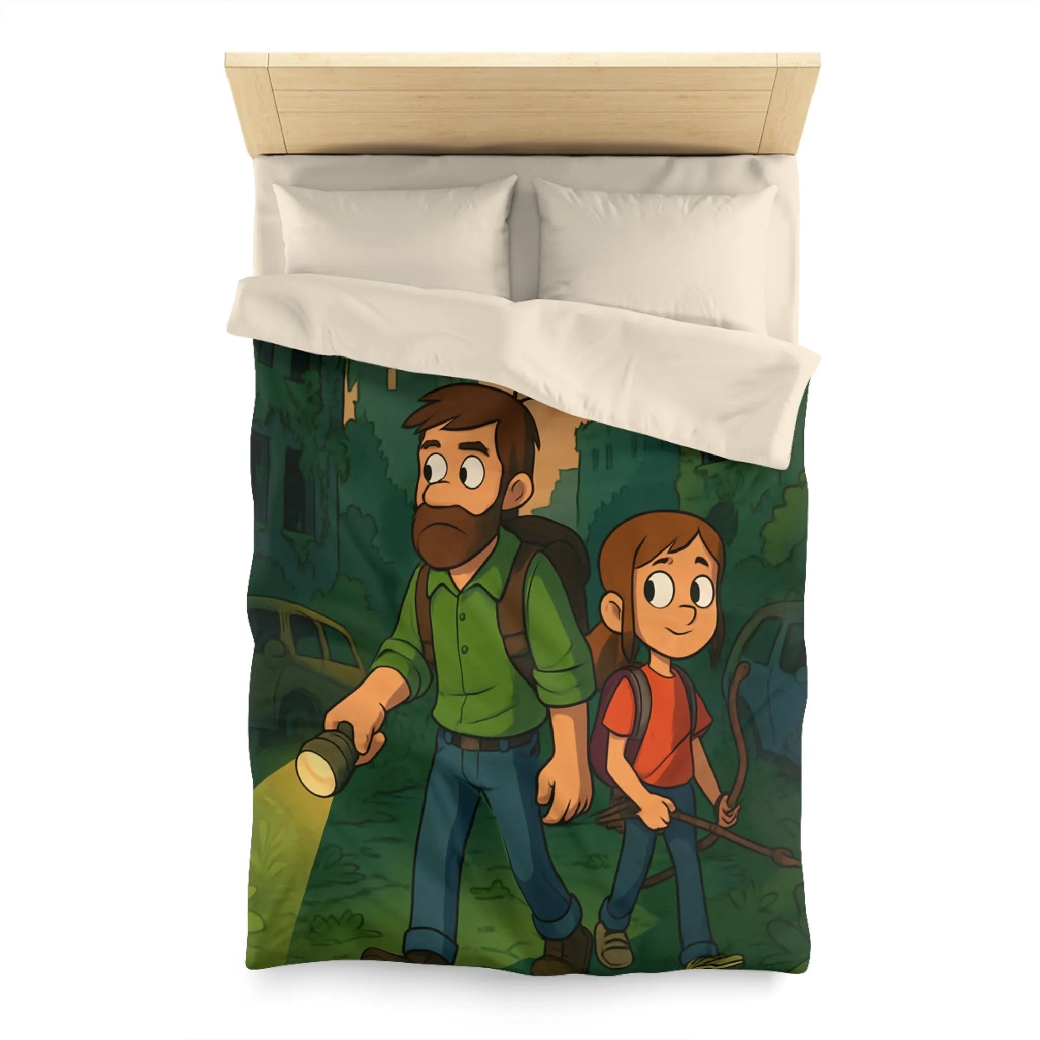 Housse de couette aventure urbaine avec personnages explorant une ville abandonnée la nuit