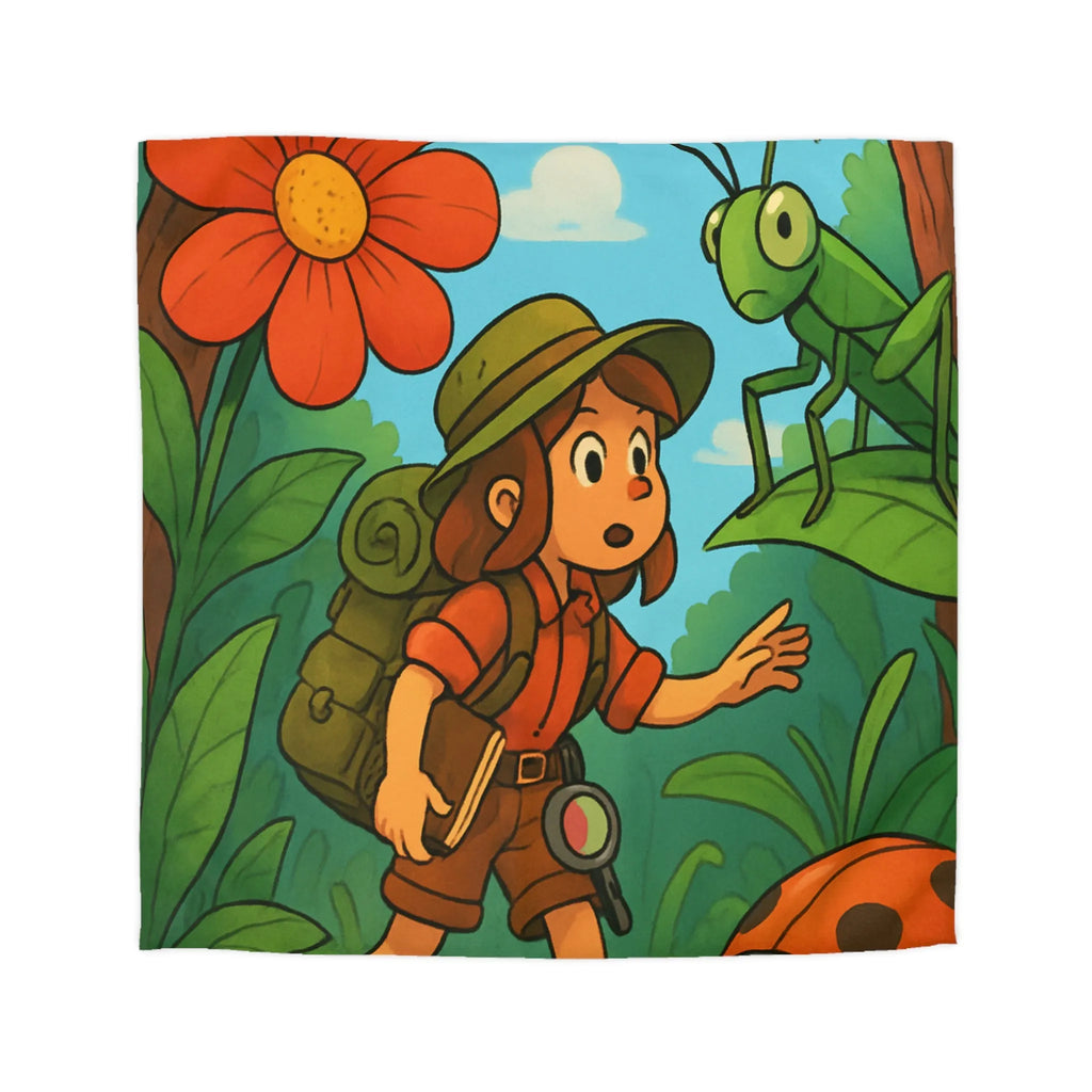 Housse de Couette Enfant Nature avec Exploratrice et Insectes Géants pour Aventure Ludiquement Colorée