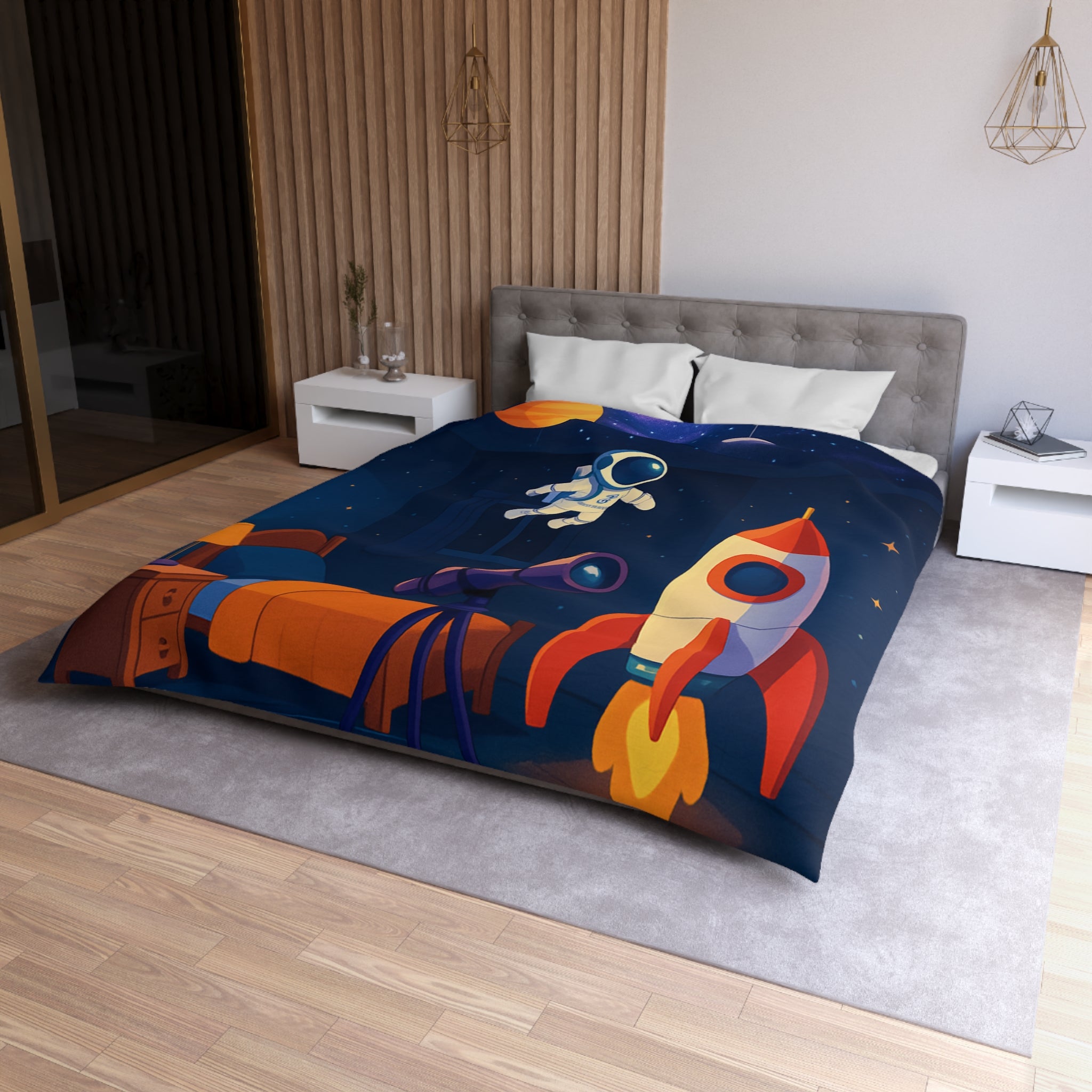 Housse de Couette Spatiale Enfant avec Astronaute Fusée et Planètes Colorées