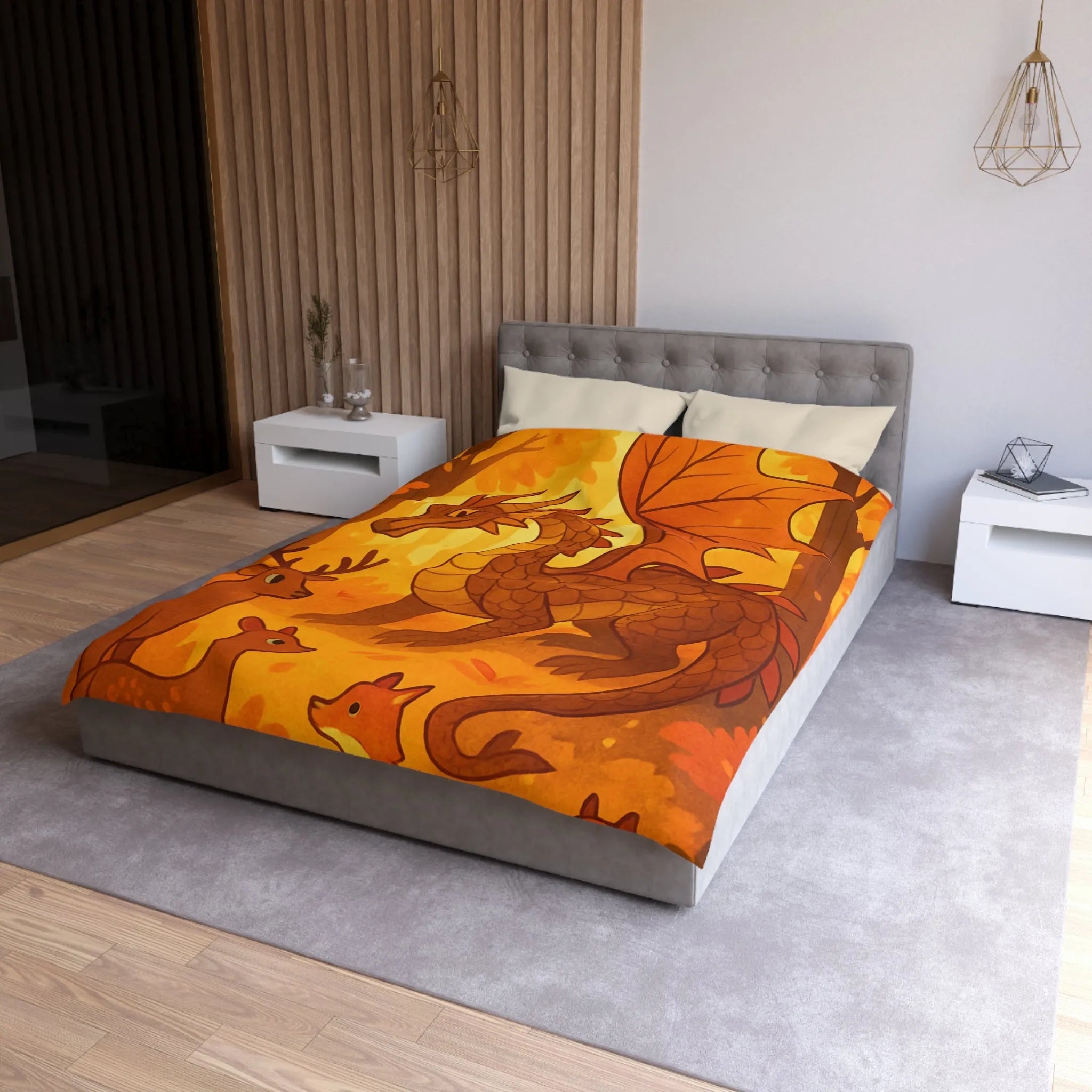 Housse de couette dragon feuille automne avec renards et cerfs en forêt magique