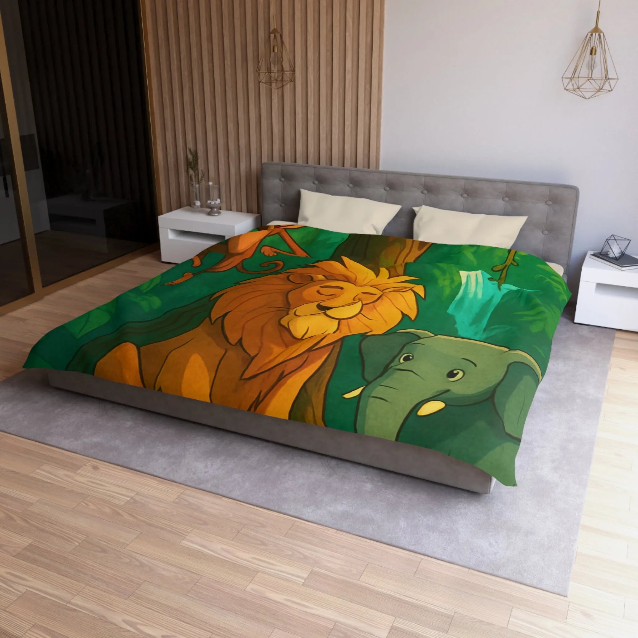 Housse de Couette Jungle Enchantée avec Lion, Singe, Éléphant et Chute d’Eau Magique