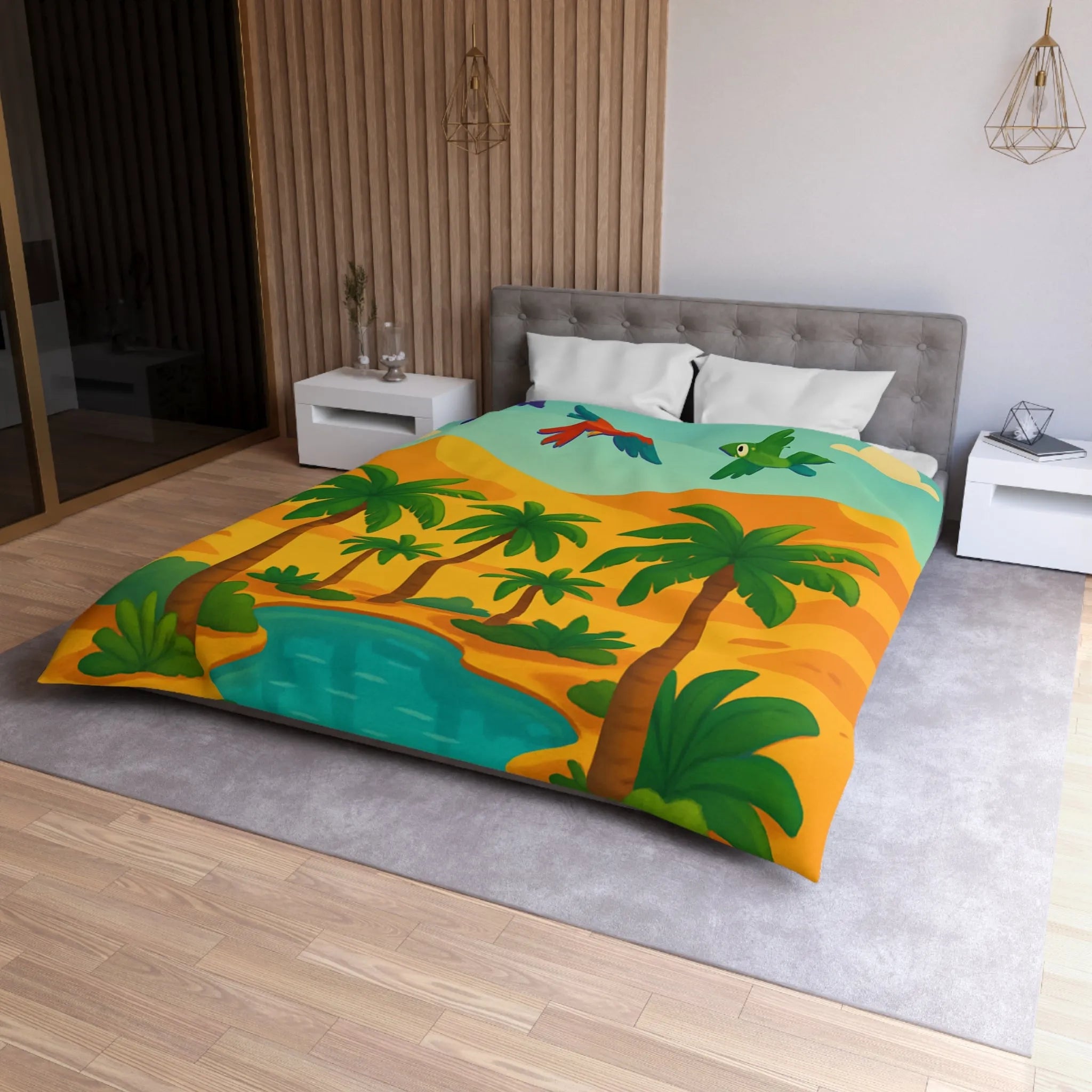 Housse de couette exotique avec palmiers, oiseaux colorés et oasis dans le désert