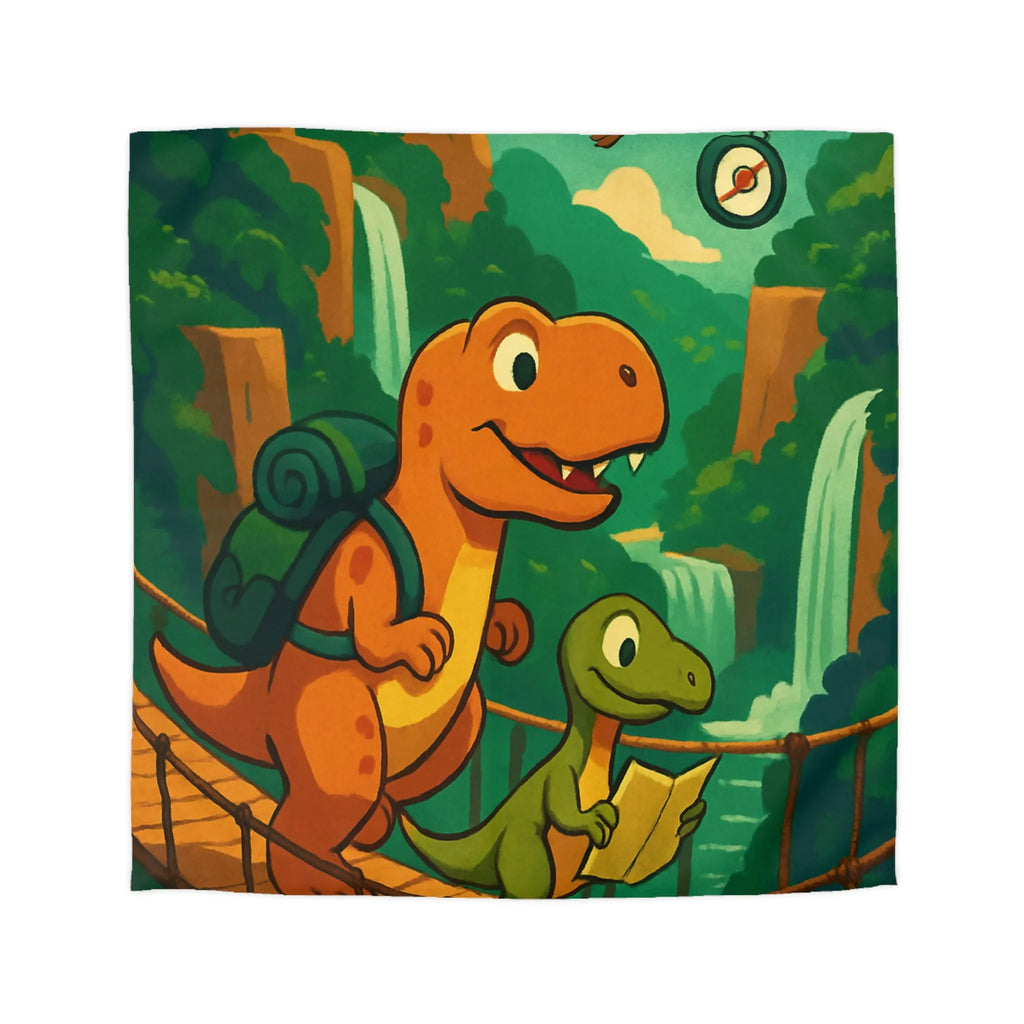 Housse de couette avec dinosaures explorateurs sur pont suspendu dans jungle luxuriante