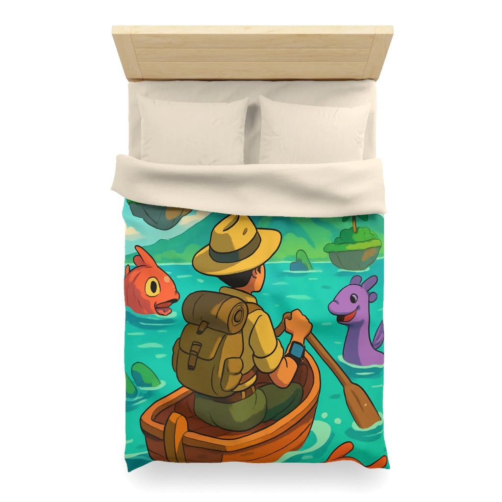 Housse de couette île volcanique exotique avec aventurier et créatures marines colorées