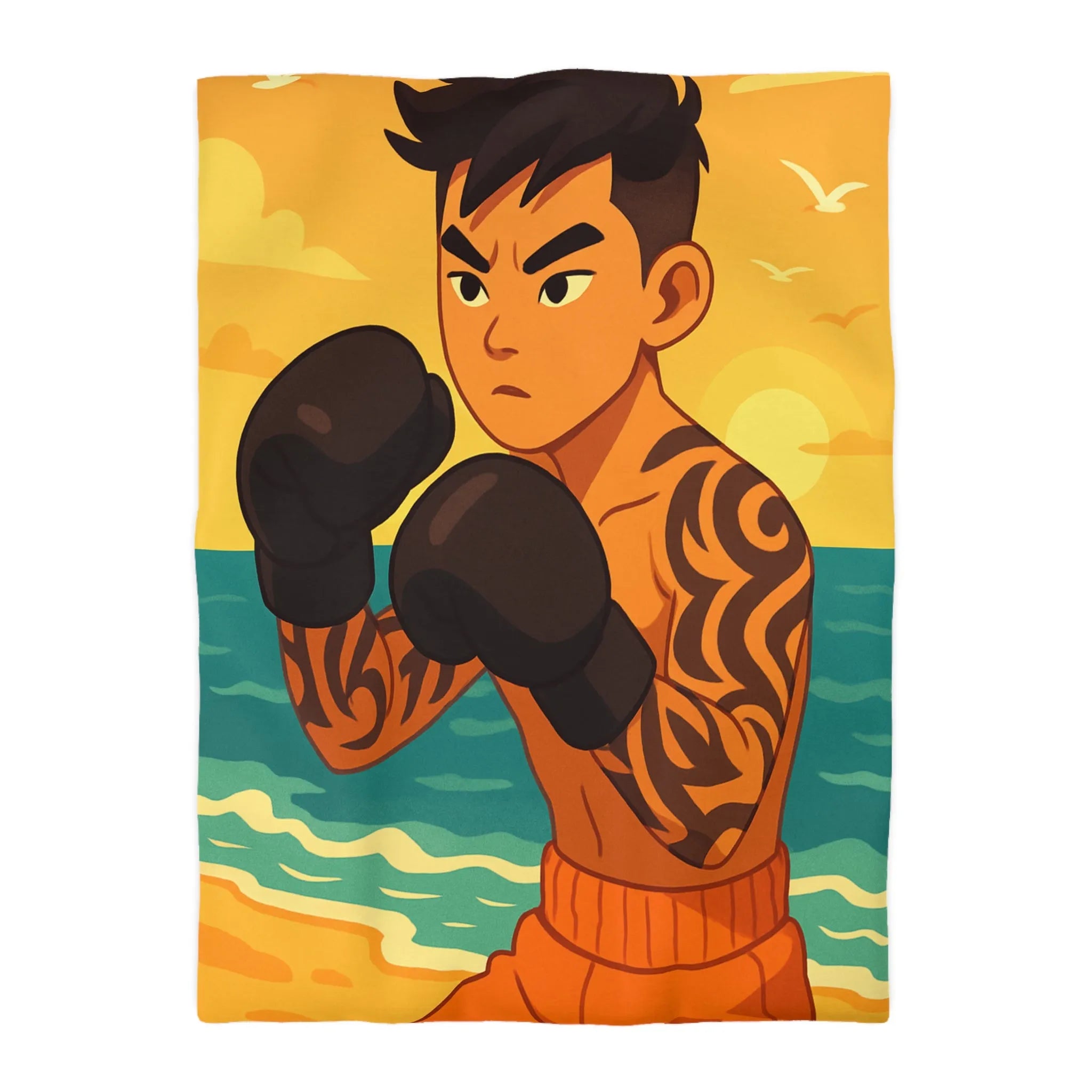 Housse de Couette Boxeur sur Plage Tropicale avec Coucher de Soleil et Mouettes Volantes