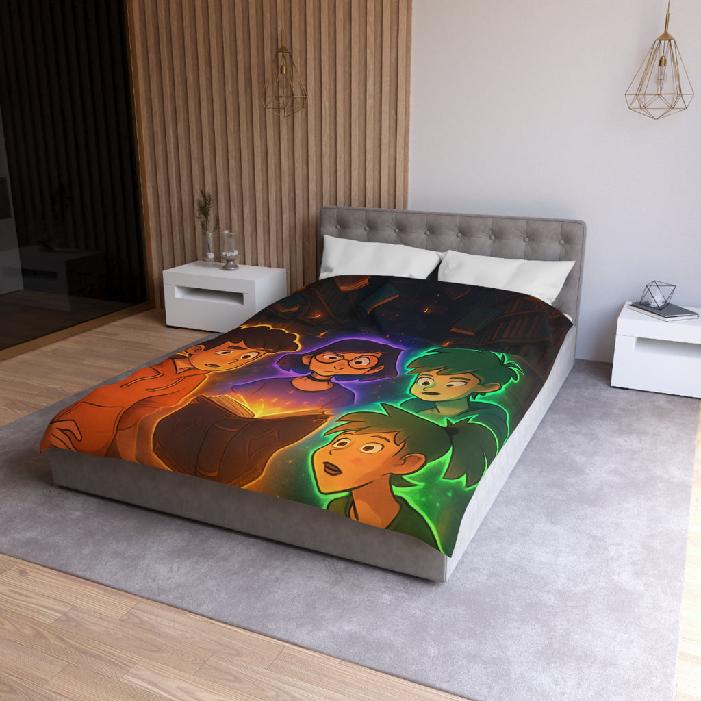 Housse de Couette Mystérieuse avec Enfants Découvrant Livre Magique dans Bibliothèque Enchantée