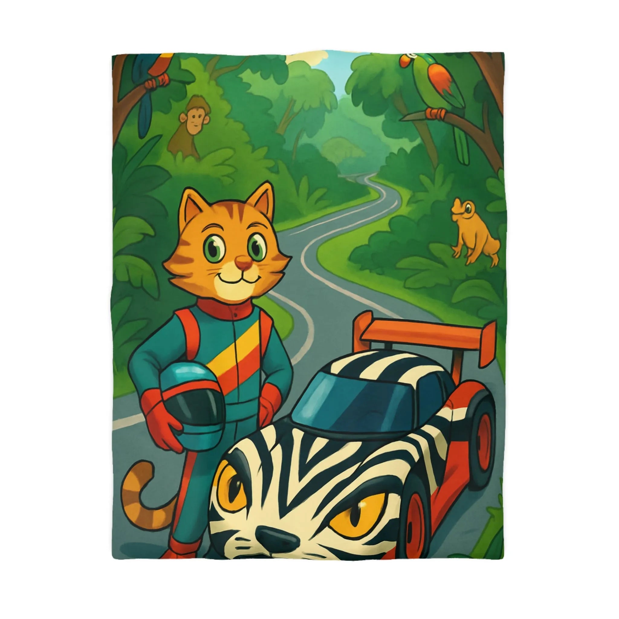 Housse de couette illustrée avec pilote chat, voiture zébrée et jungle luxuriante
