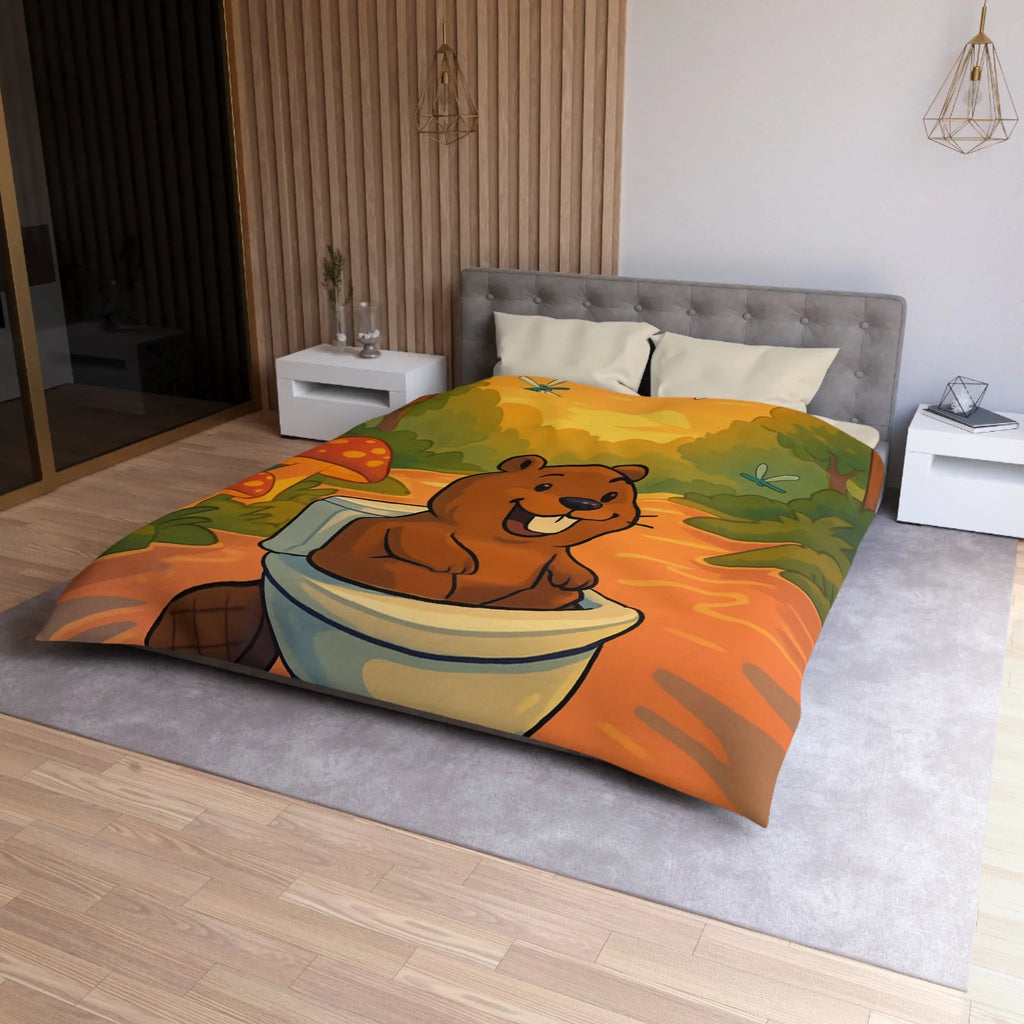 Housse de Couette Enfant Animée avec Castor Amusant et Paysage de Forêt Enchantée