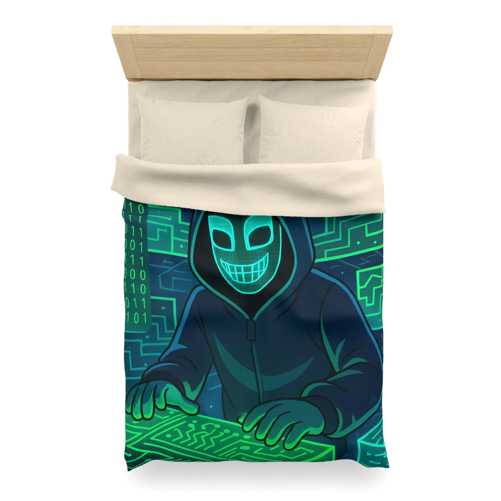 Housse de couette cyberpunk avec motif de hacker masqué et circuit numérique lumineux