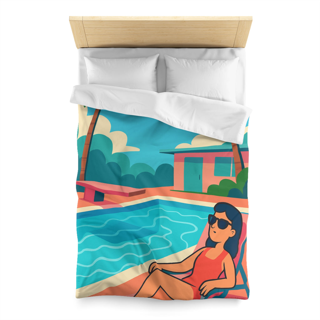 Vibrante housse de couette avec illustration de piscine et palmiers ambiance tropicale