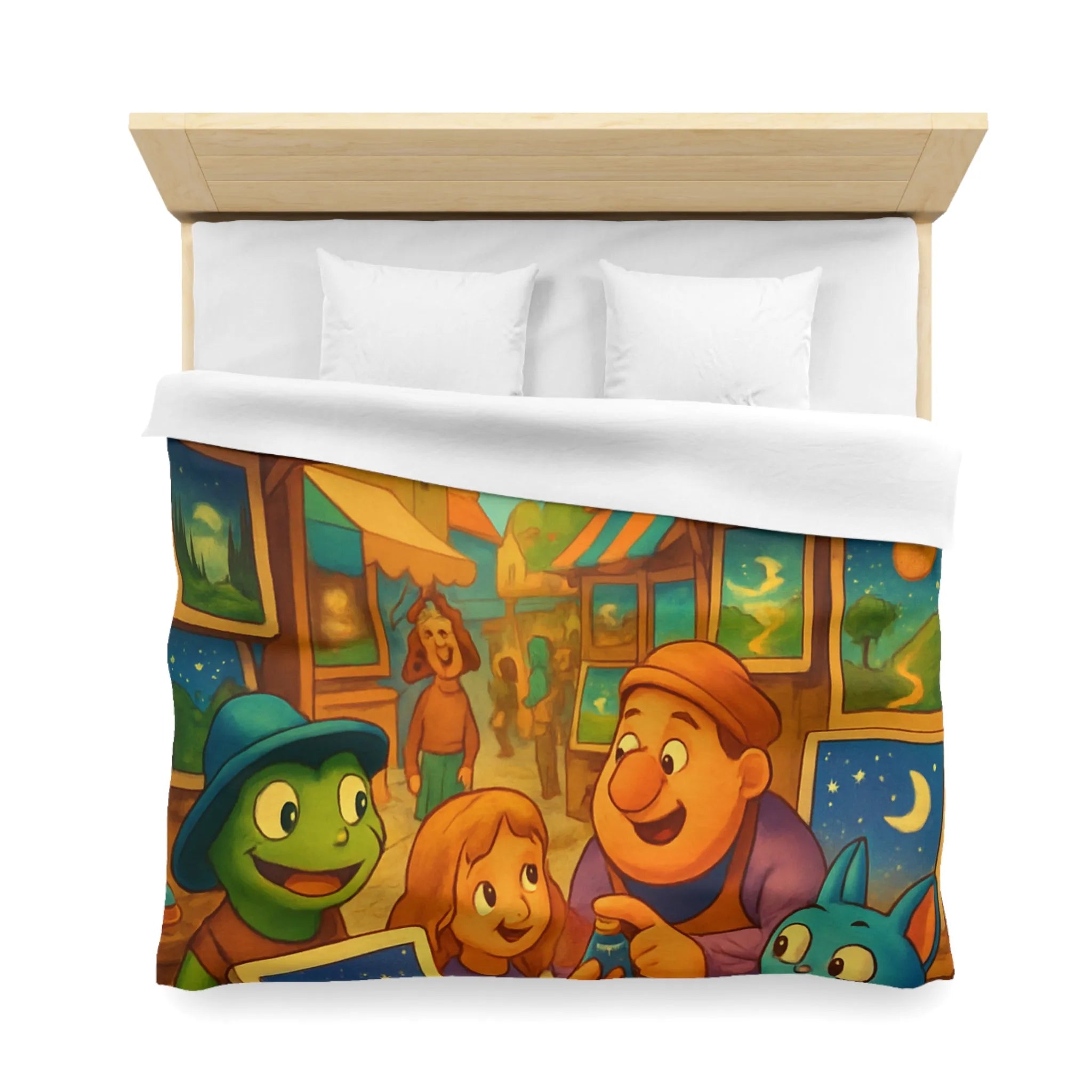 Housse de couette colorée avec scène joyeuse de marché et cerfs-volants artistiques