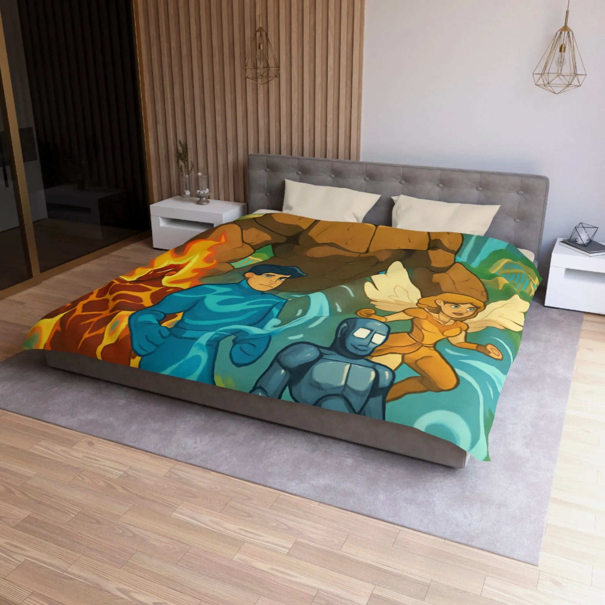 Housse de couette avec personnages héroïques et paysage fantastique inspirant enfant et adolescent