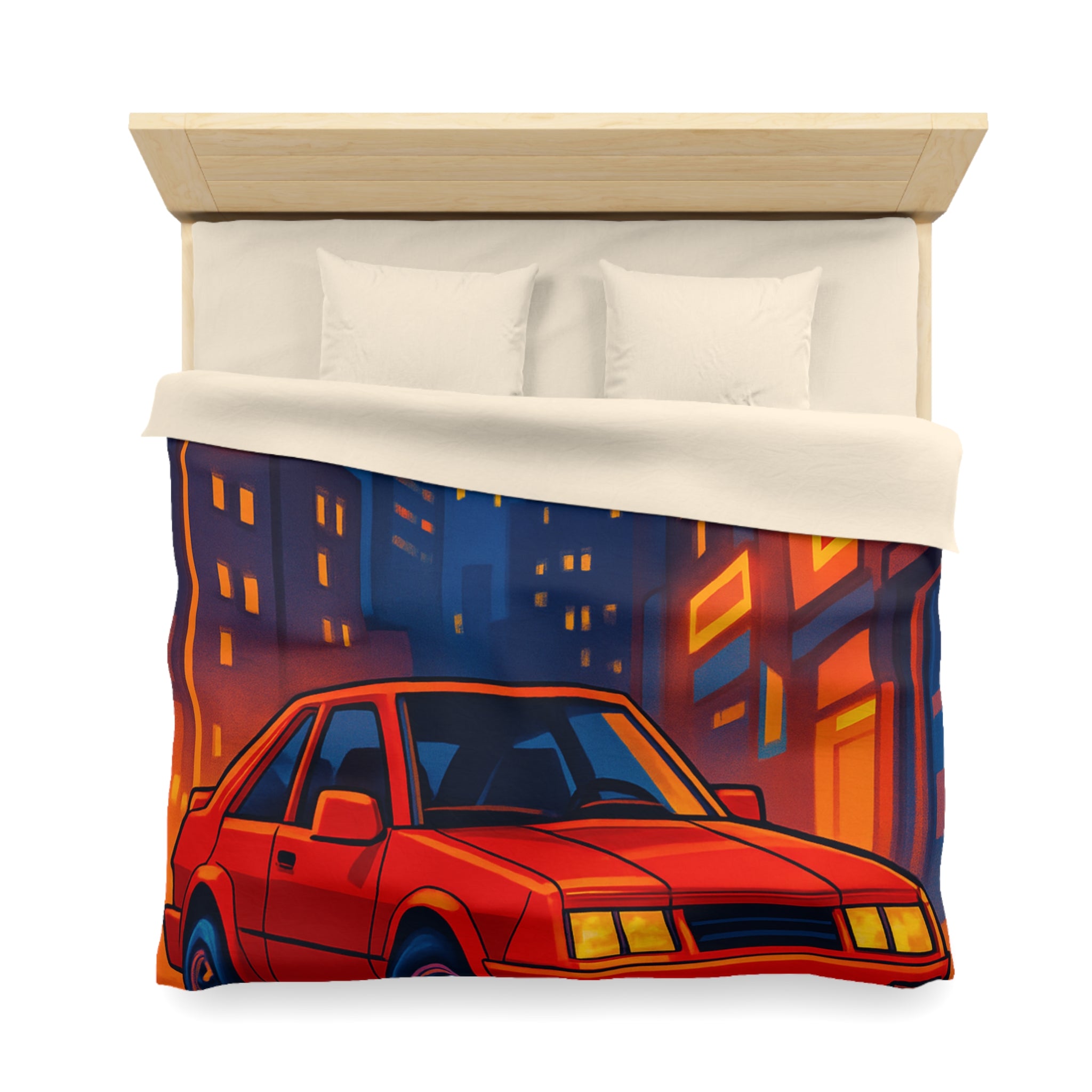 Housse de couette urbaine rétro avec voiture rouge lueur nocturne vibrante