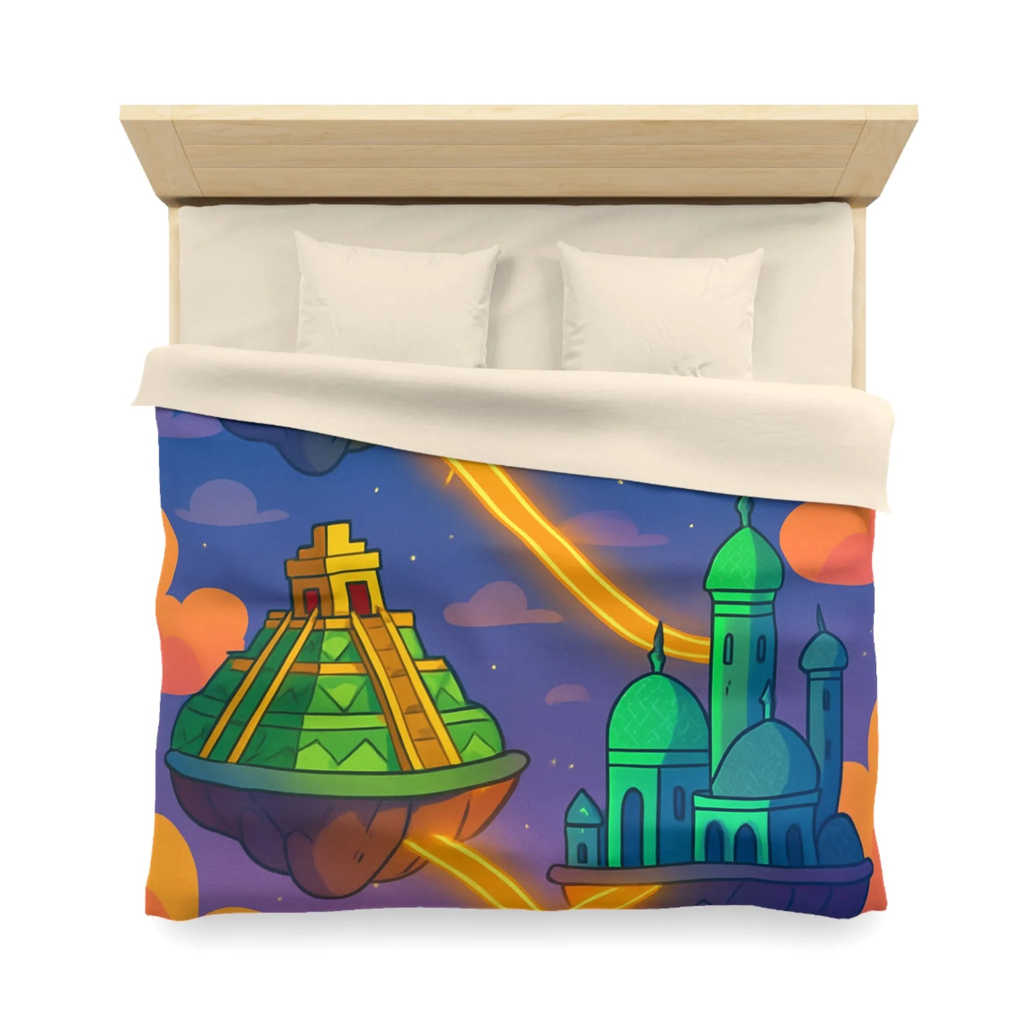 Housse de couette colorée avec design fantastique de villes flottantes lumineuses et oniriques