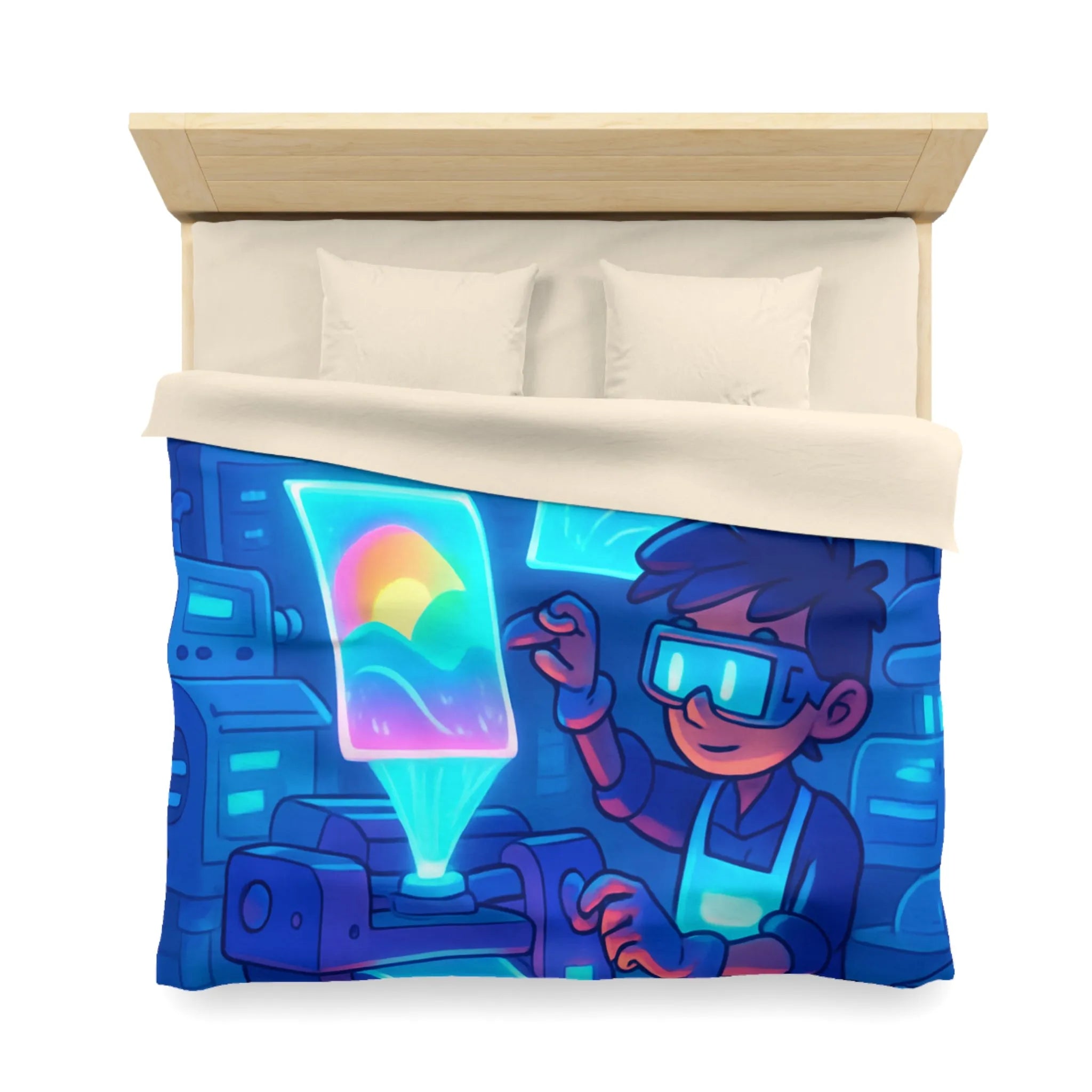 Housse de couette avec design futuriste lumineux d'imprimante et personnage créatif