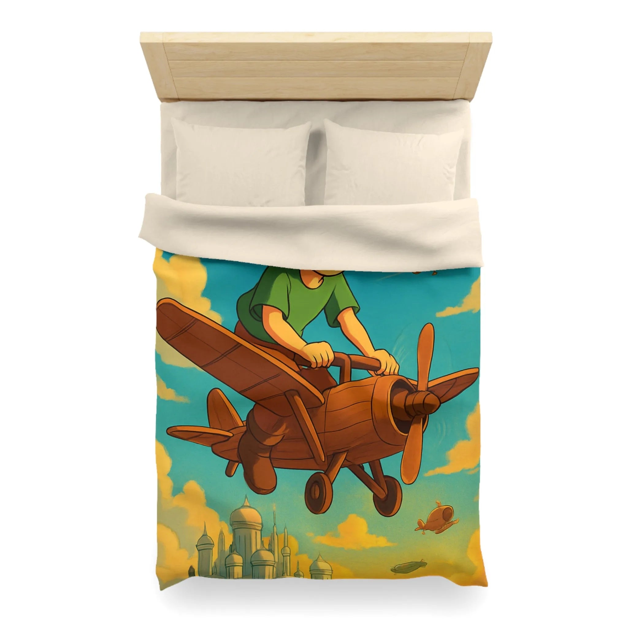 Aventure enfantine avec avion en bois survolant palais nuageux au coucher du soleil