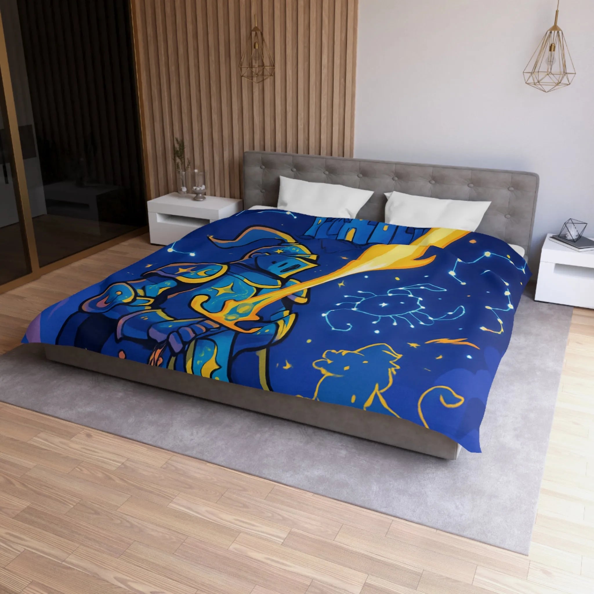 Housse de couette ludique pour chambre enfant avec chevalier et constellations étoilées magiques