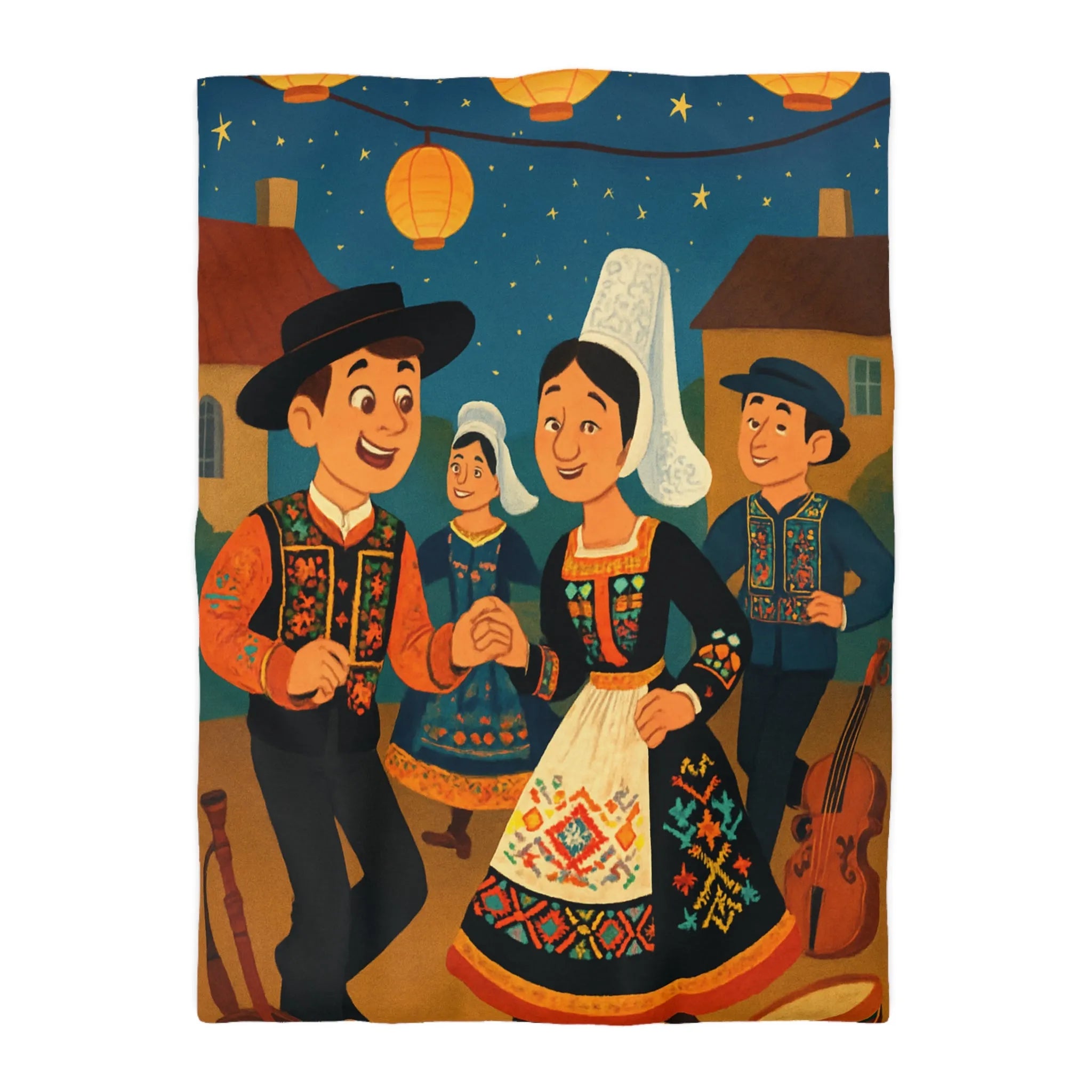 Housse de couette avec danse folklorique festive sous ciel étoilé et lanternes lumineuses