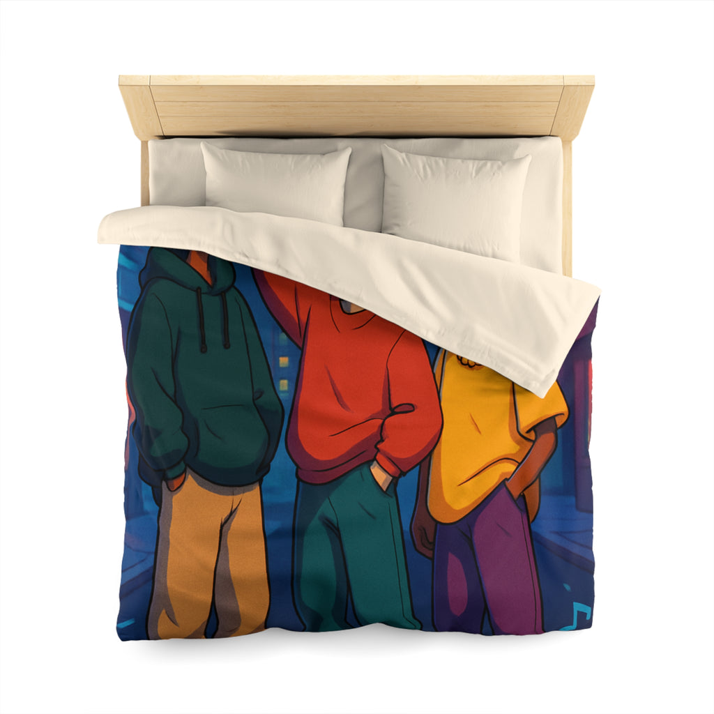 Housse de couette urbaine colorée avec adolescents et radio cassette dans la rue nocturne