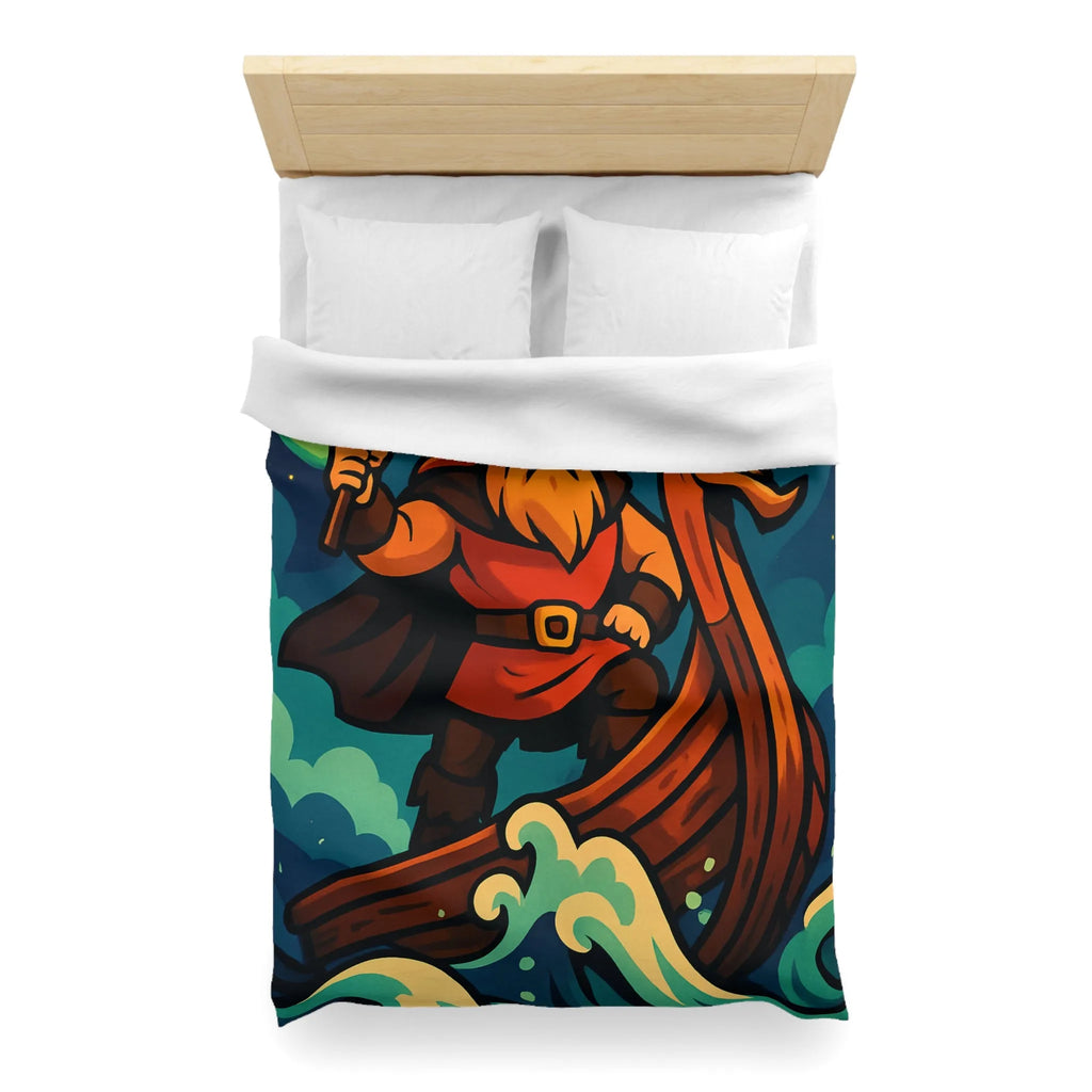 Housse de couette illustrée avec guerrier viking sur drakkar et aurores boréales