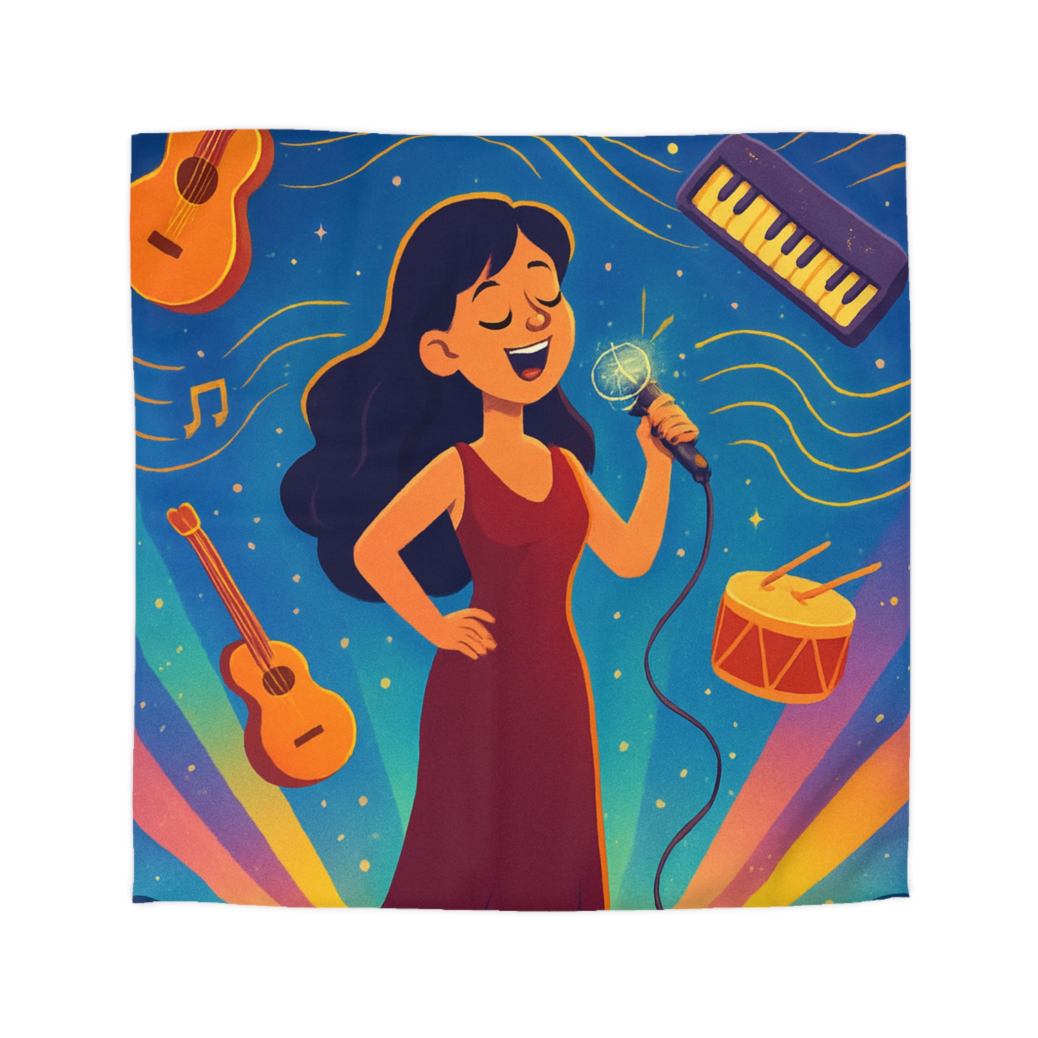 Housse de couette vibrante avec scène musicale, chanteuse et instruments illustrés colorés