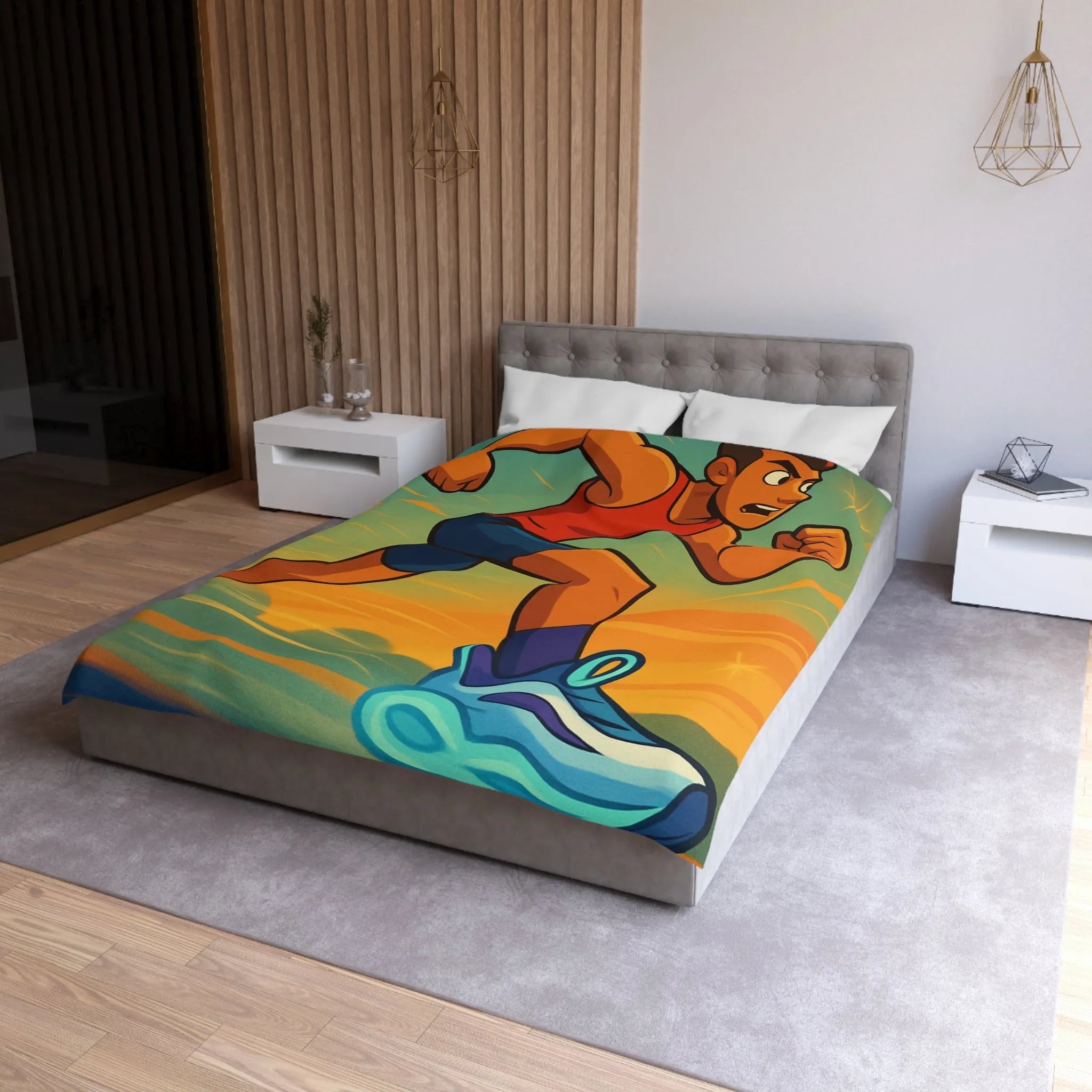 Housse de couette dynamique coureur stylisé accélérant sur fond d’énergie vibrante