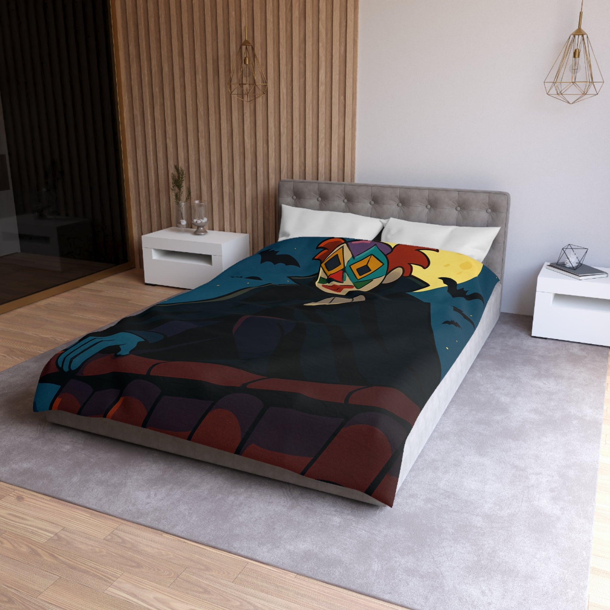 Masque Joker Coloré Sous Pleine Lune avec Chauves-Souris sur une Toiture Effrayante