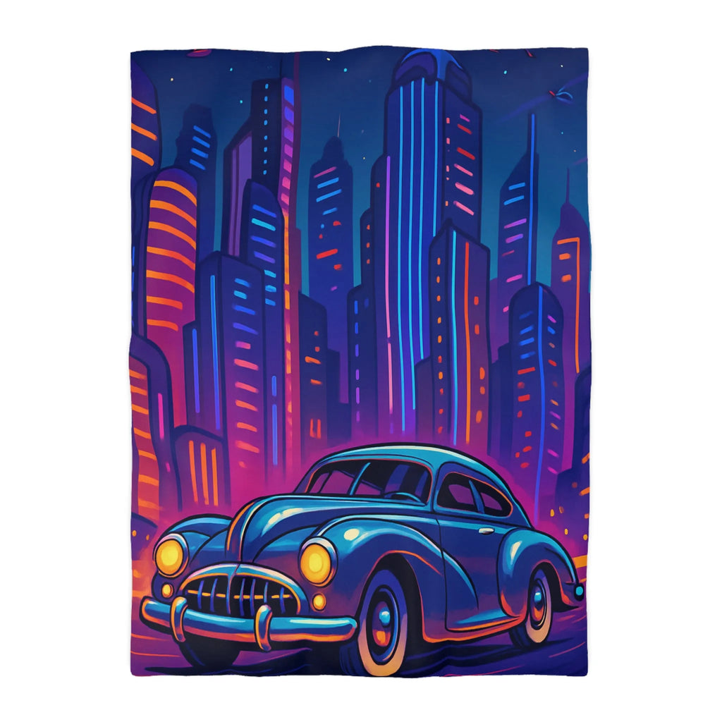 Housse de Couette Futuriste avec Voiture Vintage et Ville Lumineuse Style Néon