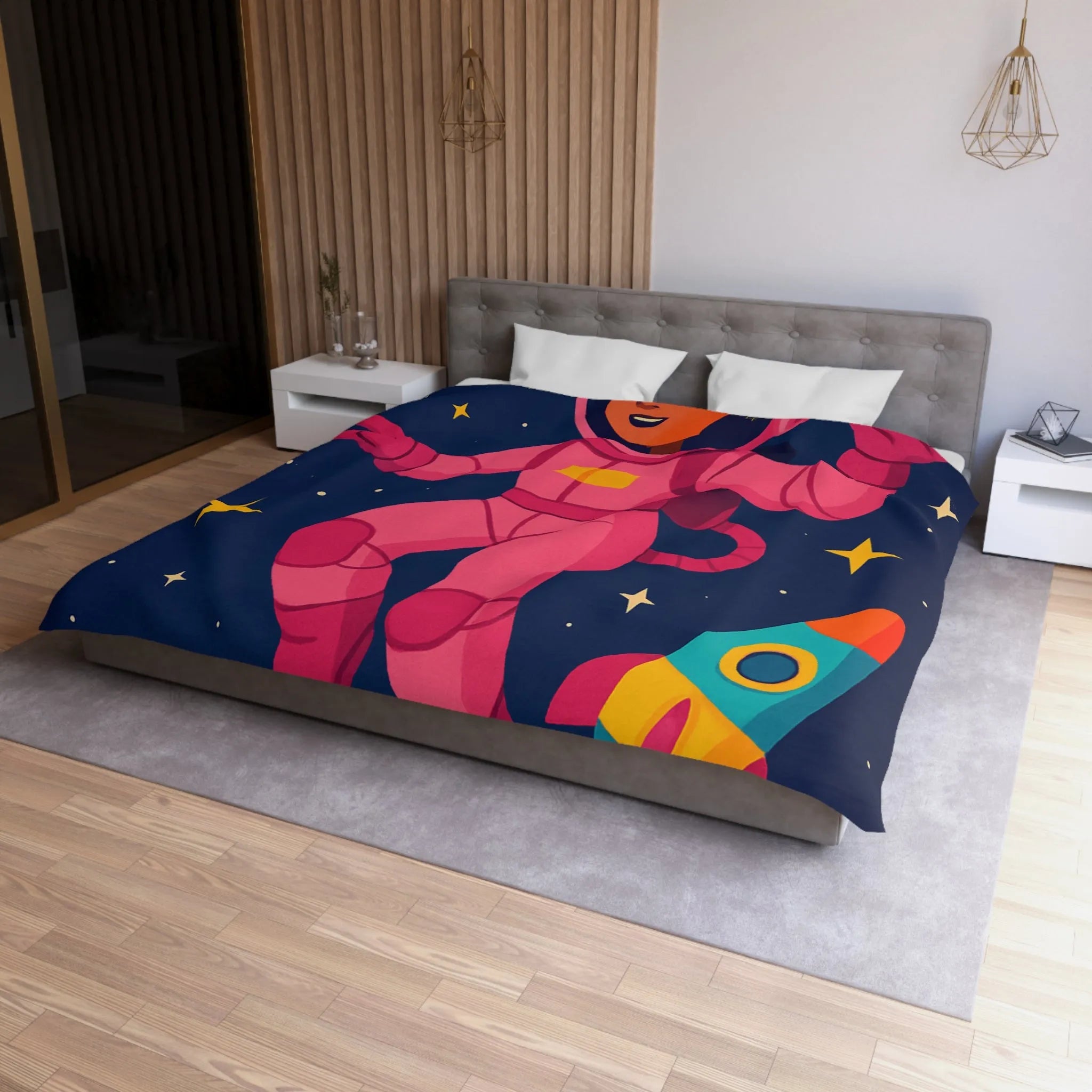 Housse de couette enfant avec astronaute rose et planètes colorées en fond spatial