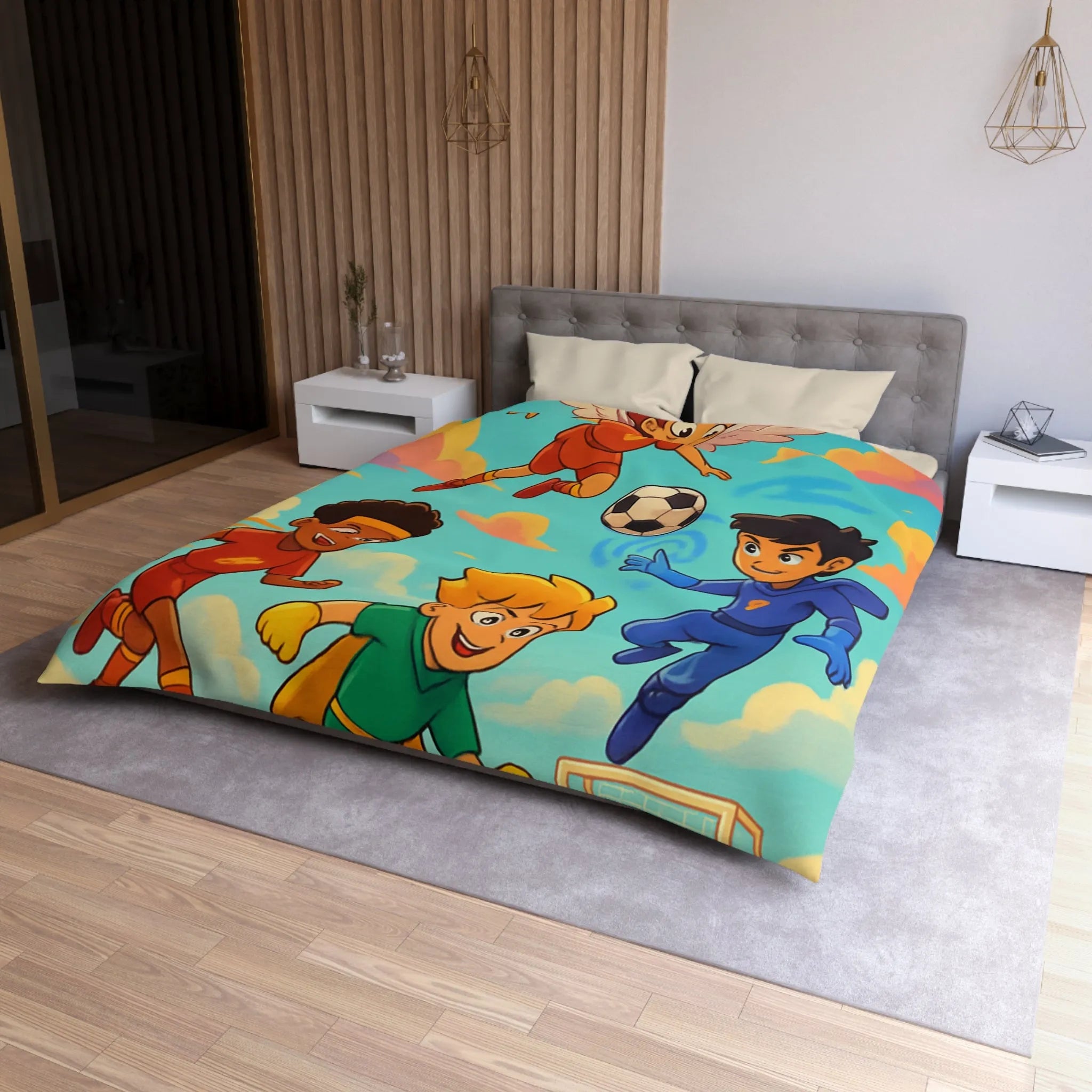 Housse de couette colorée avec enfants jouant au football dans un style cartoon céleste