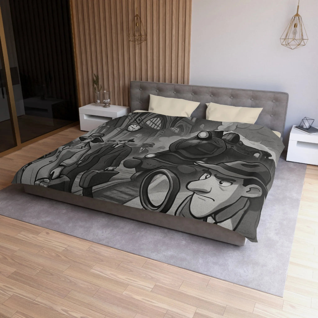 Élégante housse de couette rétro avec train à vapeur et ambiance mystérieuse noir et blanc