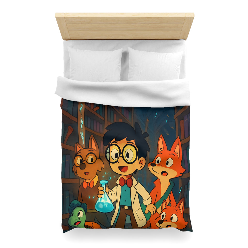 Housse de couette pour enfants avec dessin animé de bibliothèque magique et animaux curieux