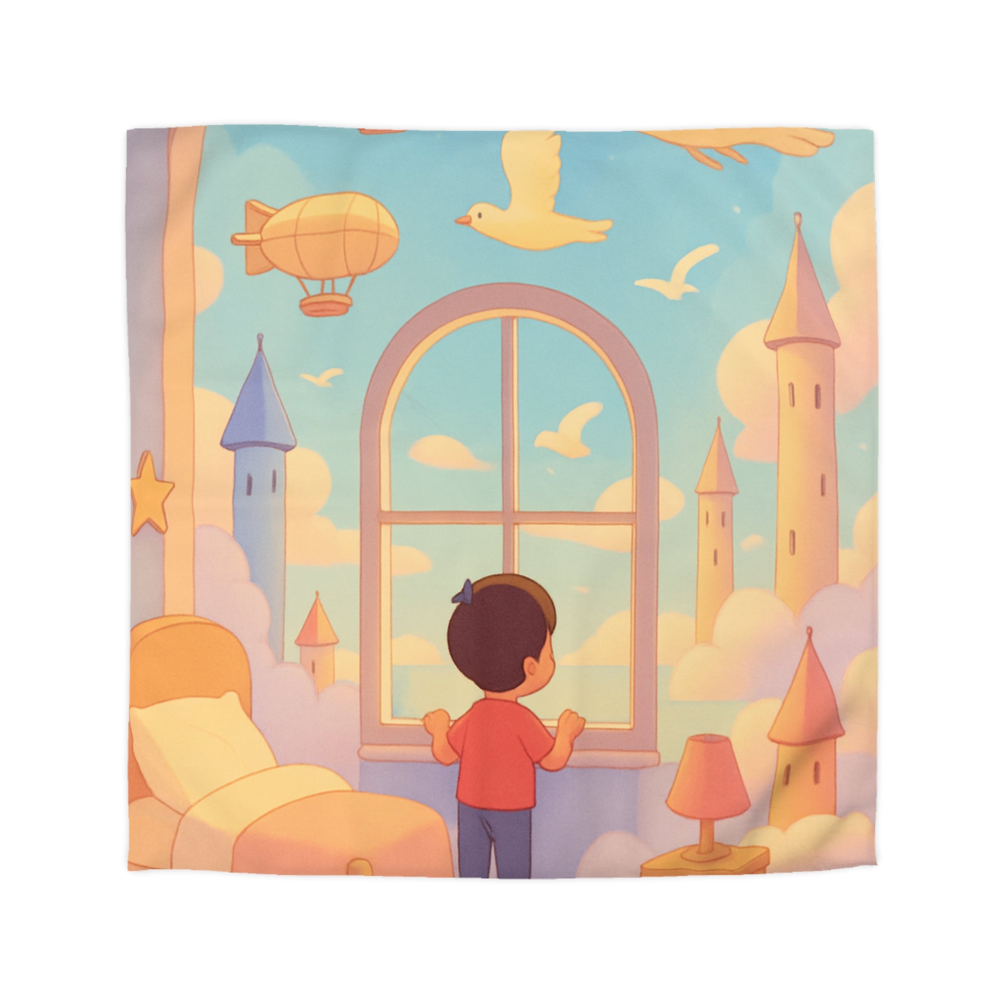 Housse de couette rêveuse enfantine avec nuages, dirigeables et oiseaux volants paisibles