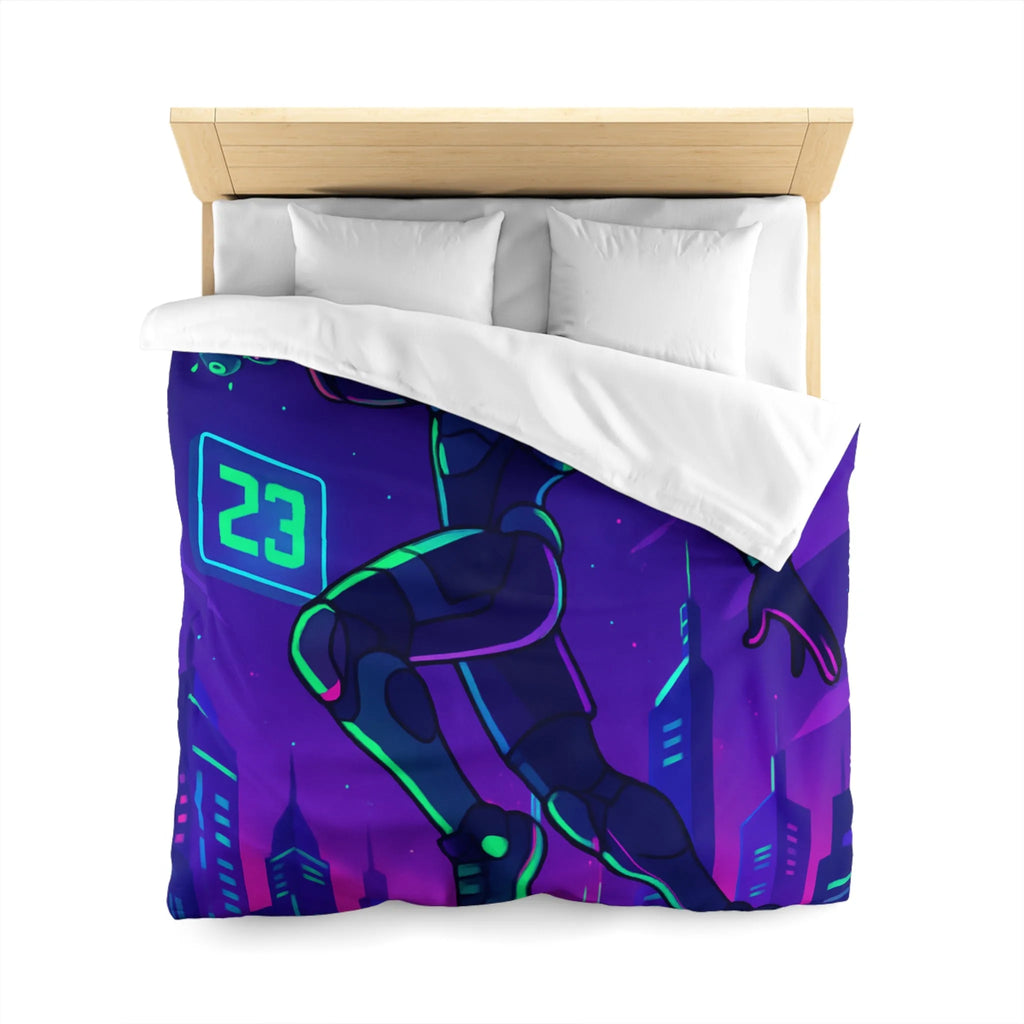 Housse de Couette Futuriste avec Robot Jouant au Basketball Lumineux dans Ville Néon