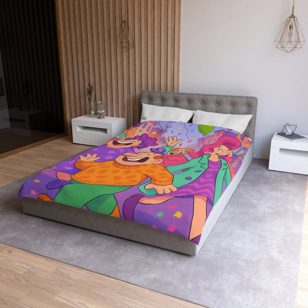 Housse de couette joyeuse avec personnages et ballons pour décoration festive chambre