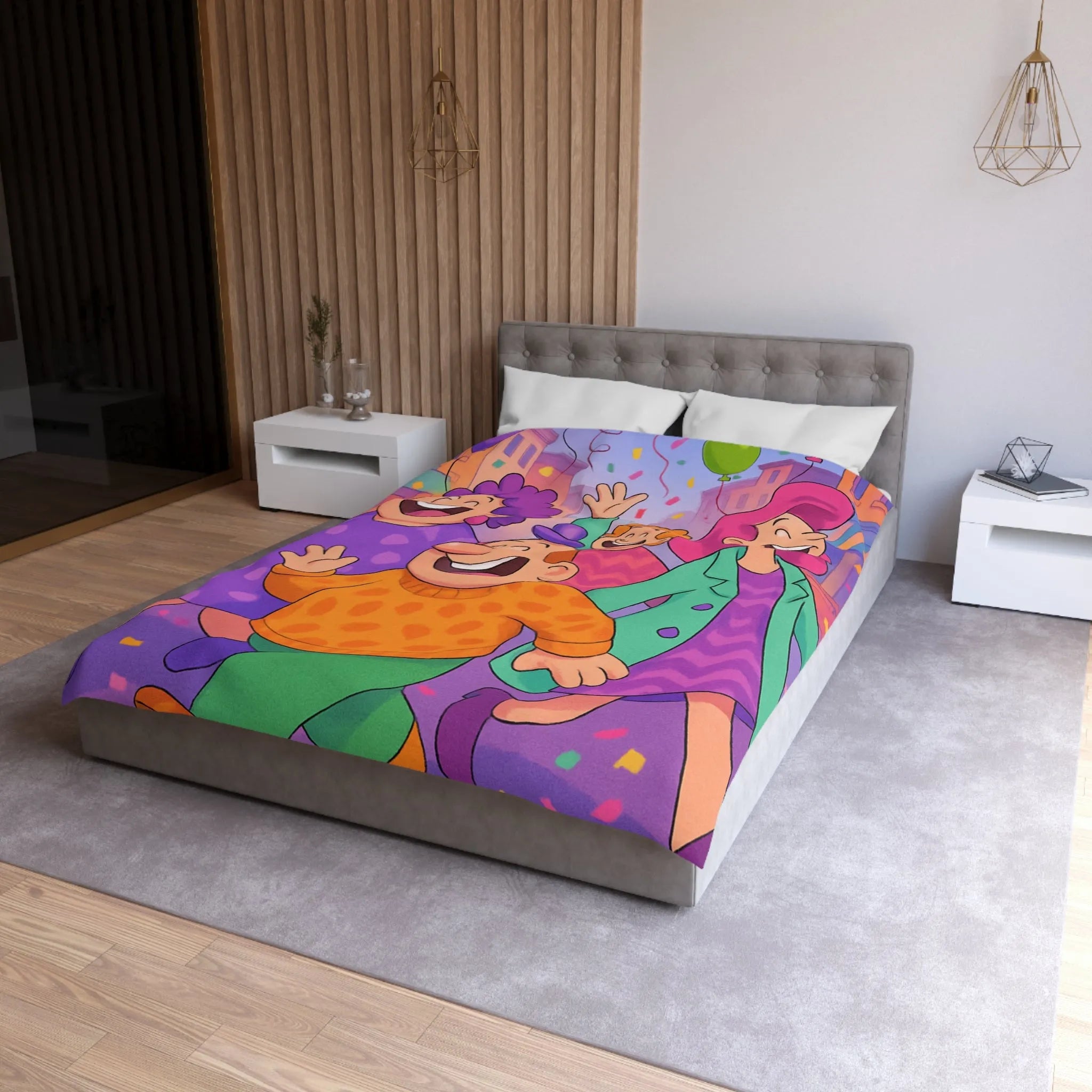 Housse de couette joyeuse avec personnages et ballons pour décoration festive chambre