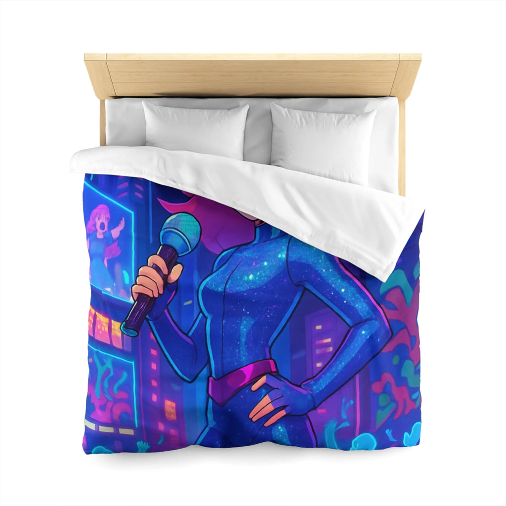 Housse de couette avec chanteuse animée en concert sur fond de ville illuminée