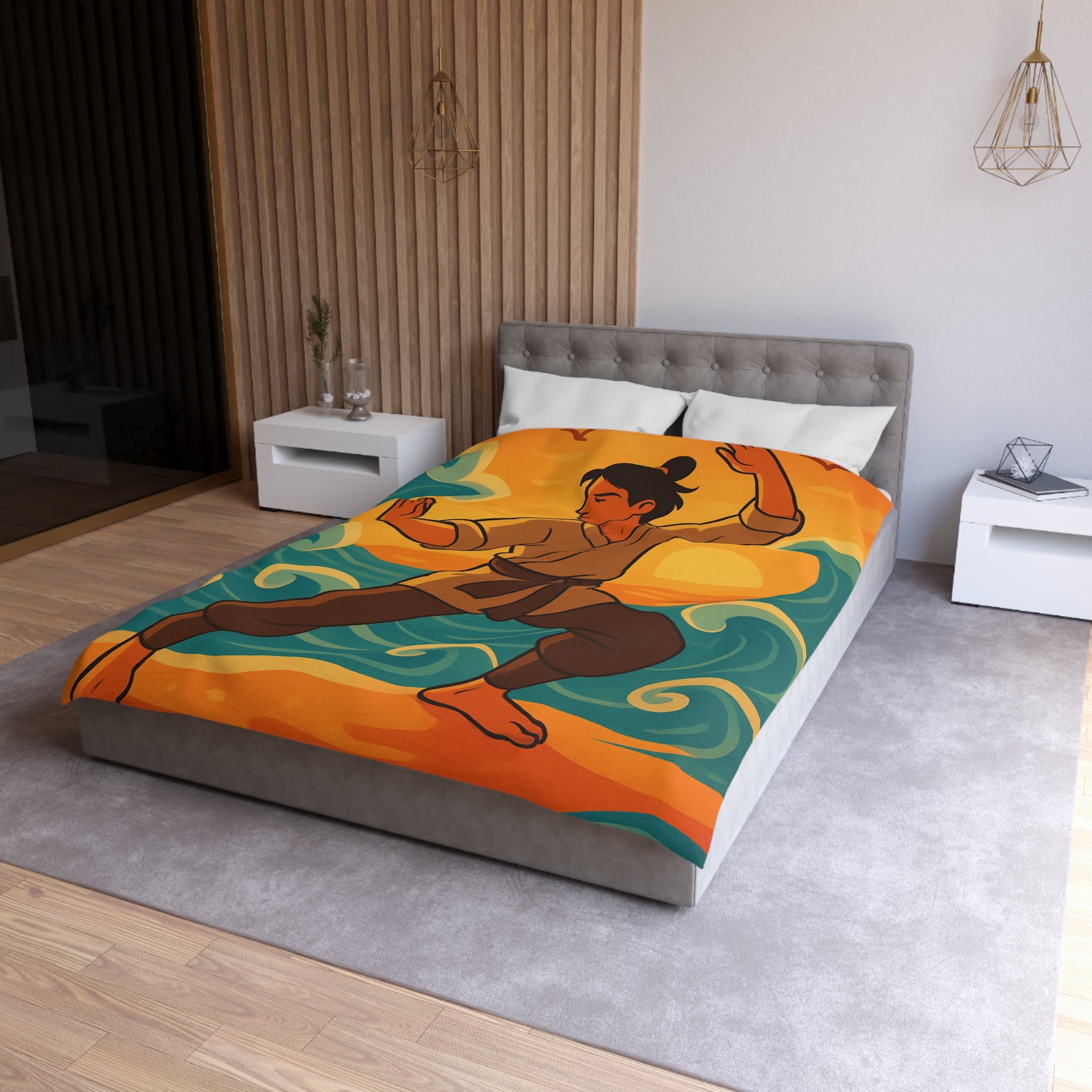 Housse de Couette Style Japonais Art Martial Coucher de Soleil et Océan Bleu