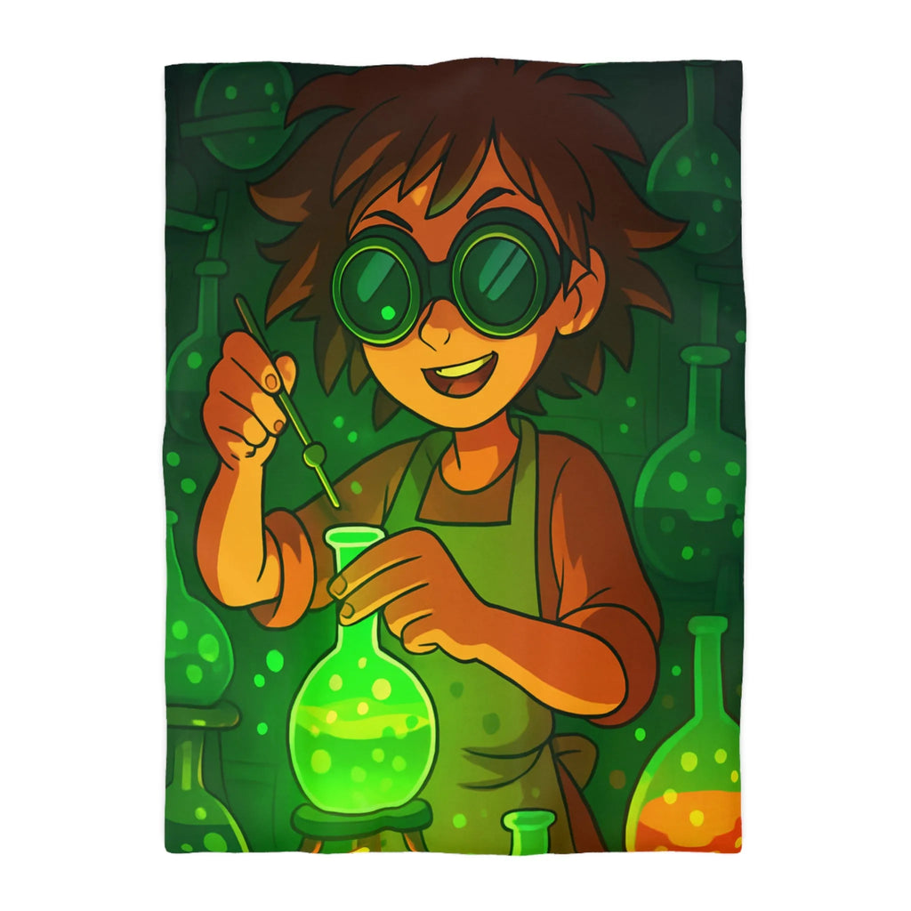 Housse de couette colorée avec un jeune chimiste dans un laboratoire mystérieux et magique