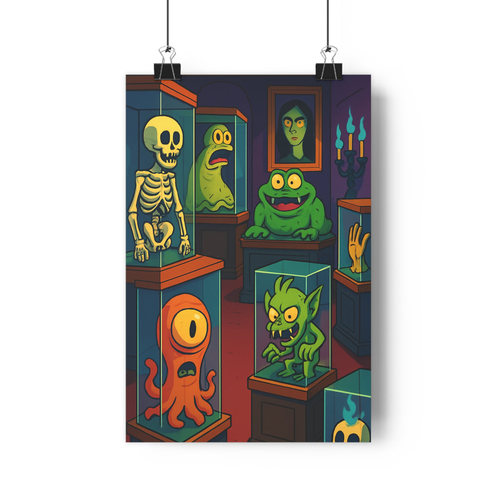 Poster décoratif cartoon créatures musée étrange vert orange mystique ambiance chambre salon enfant unique